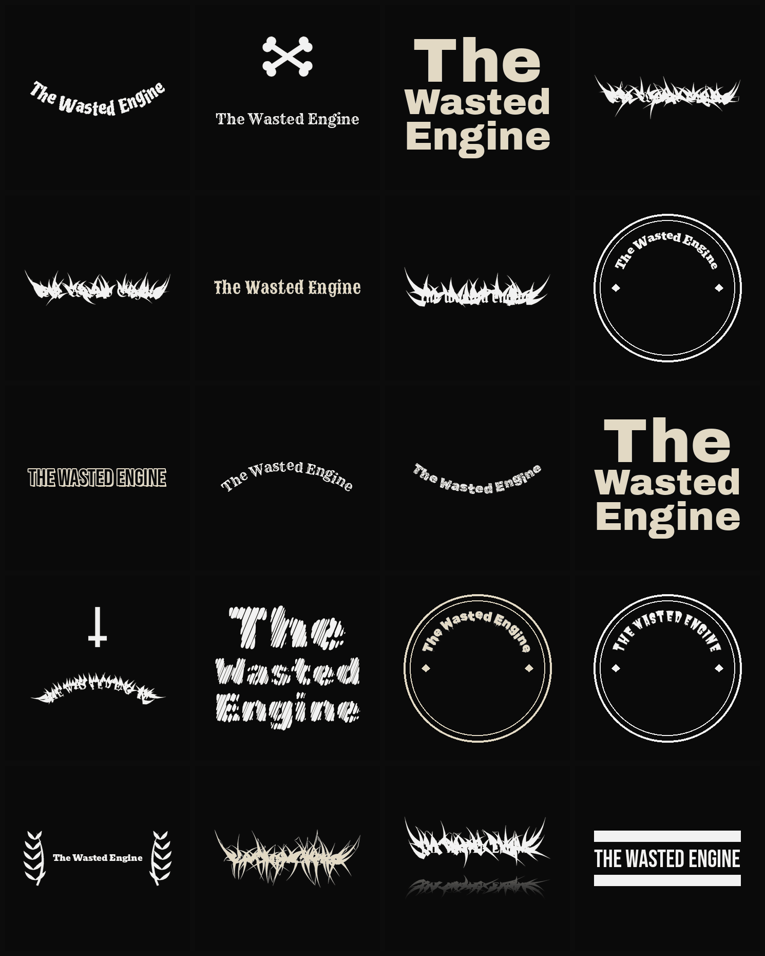 Twenty The Wasted Engine band logo ideas — different faces, treatments and spike settings
