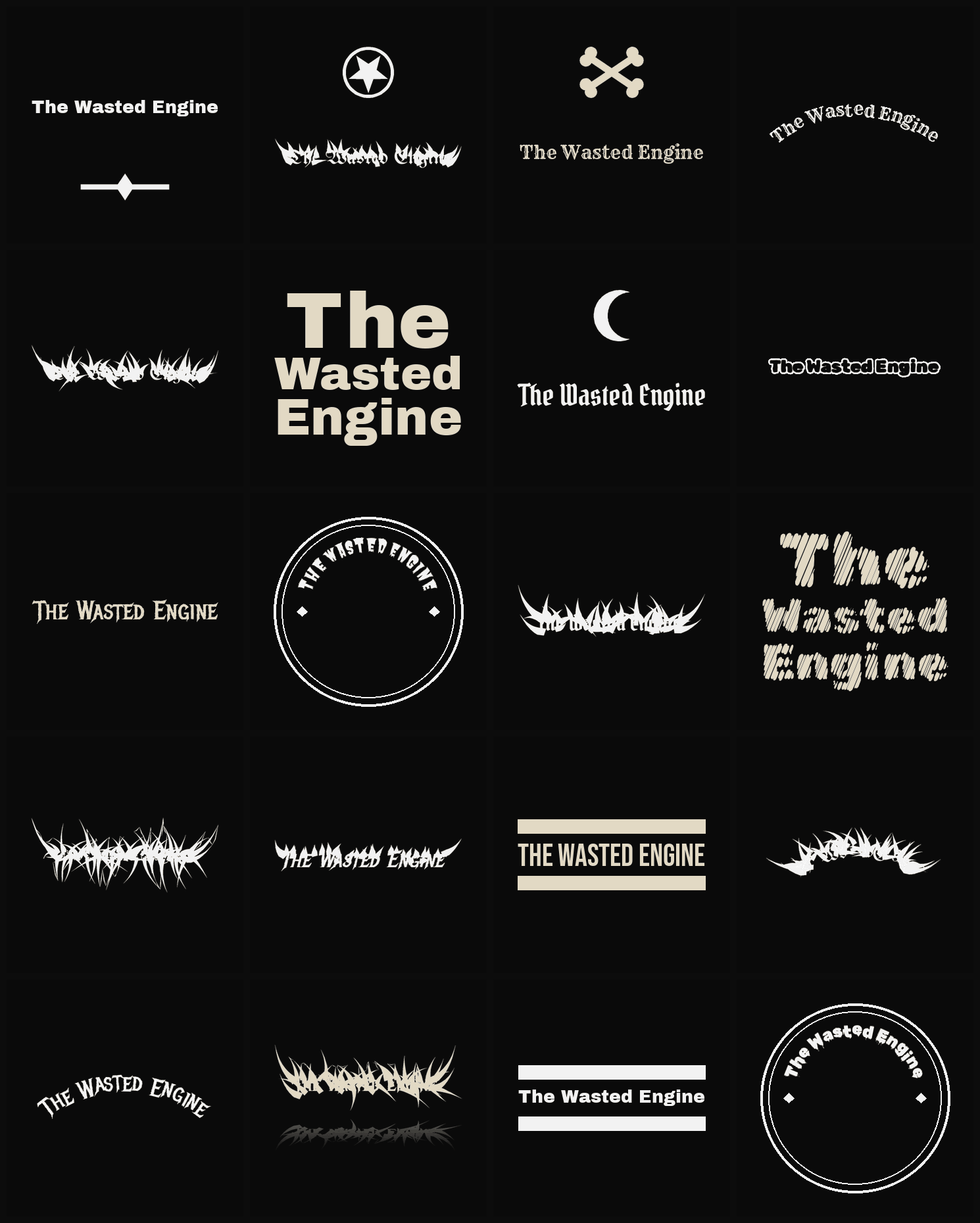 Twenty The Wasted Engine band logo ideas — different faces, treatments and spike settings