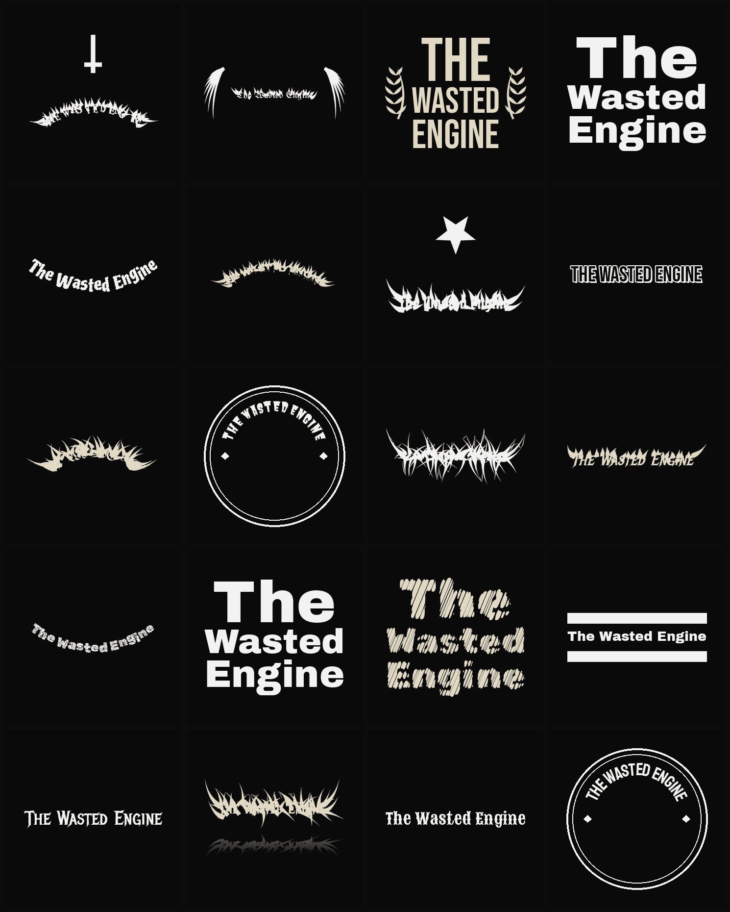 Twenty The Wasted Engine band logo ideas — different faces, treatments and spike settings