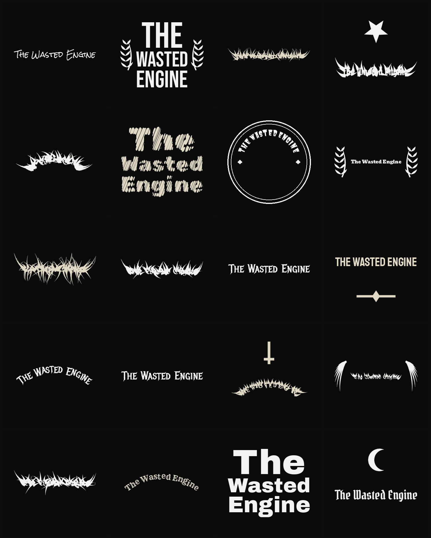 Twenty The Wasted Engine band logo ideas — different faces, treatments and spike settings