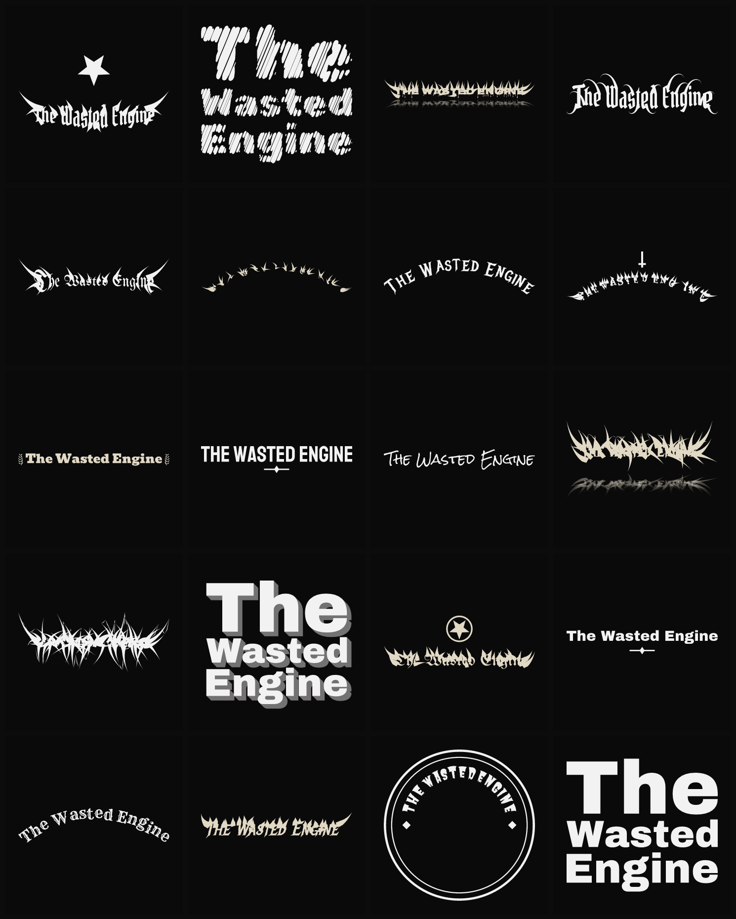 Twenty The Wasted Engine band logo ideas — different faces, treatments and spike settings