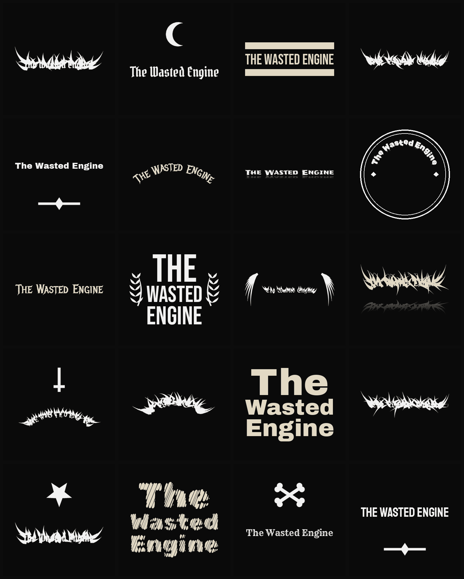 Twenty The Wasted Engine band logo ideas — different faces, treatments and spike settings