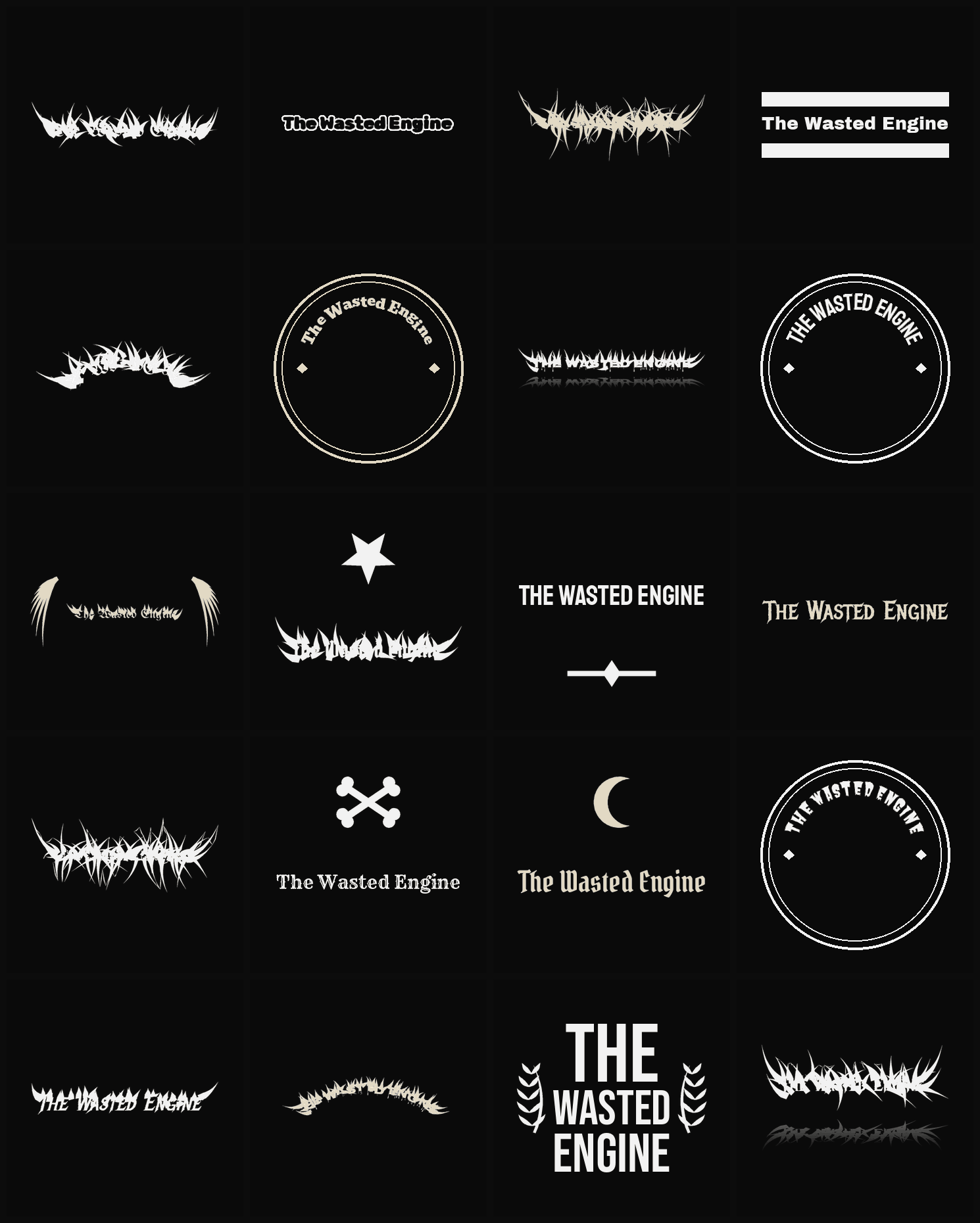 Twenty The Wasted Engine band logo ideas — different faces, treatments and spike settings