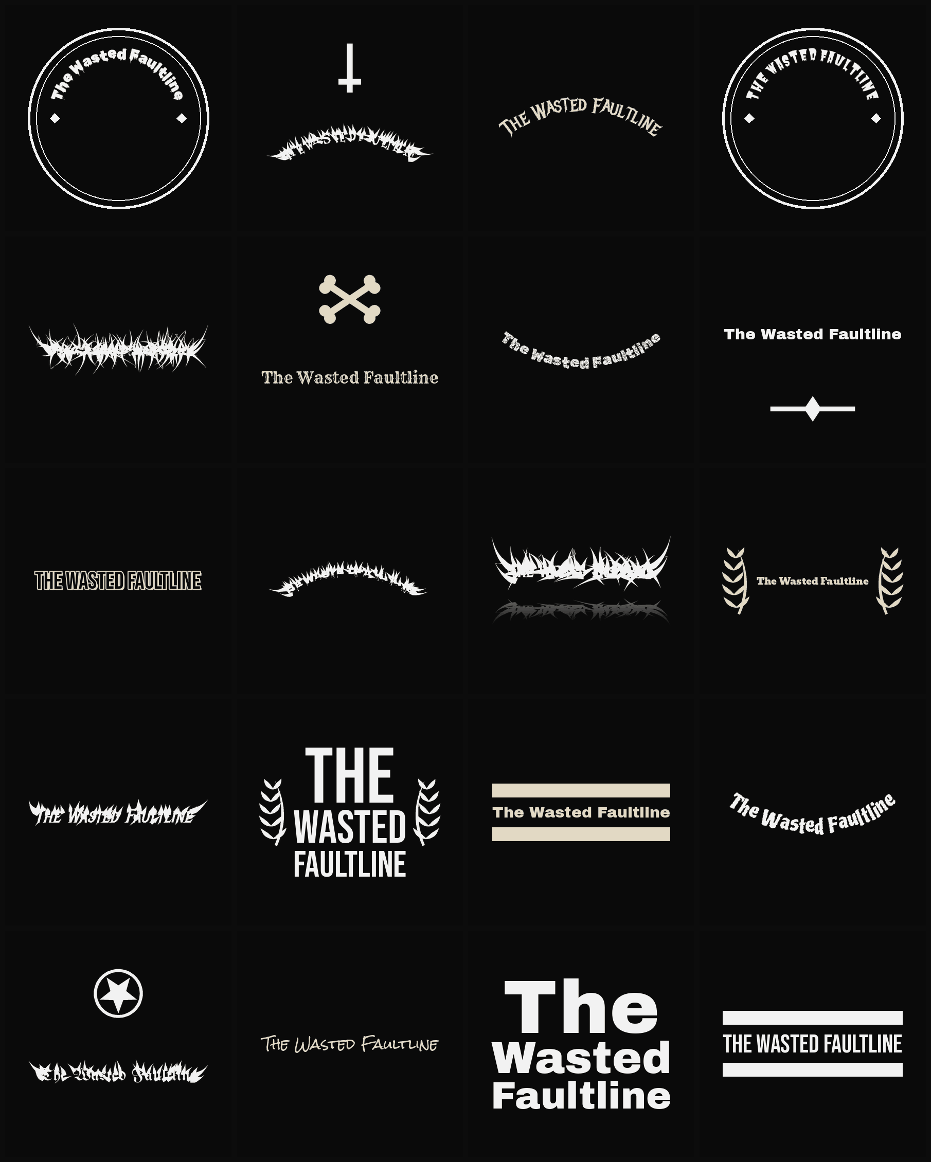 Twenty The Wasted Faultline band logo ideas — different faces, treatments and spike settings