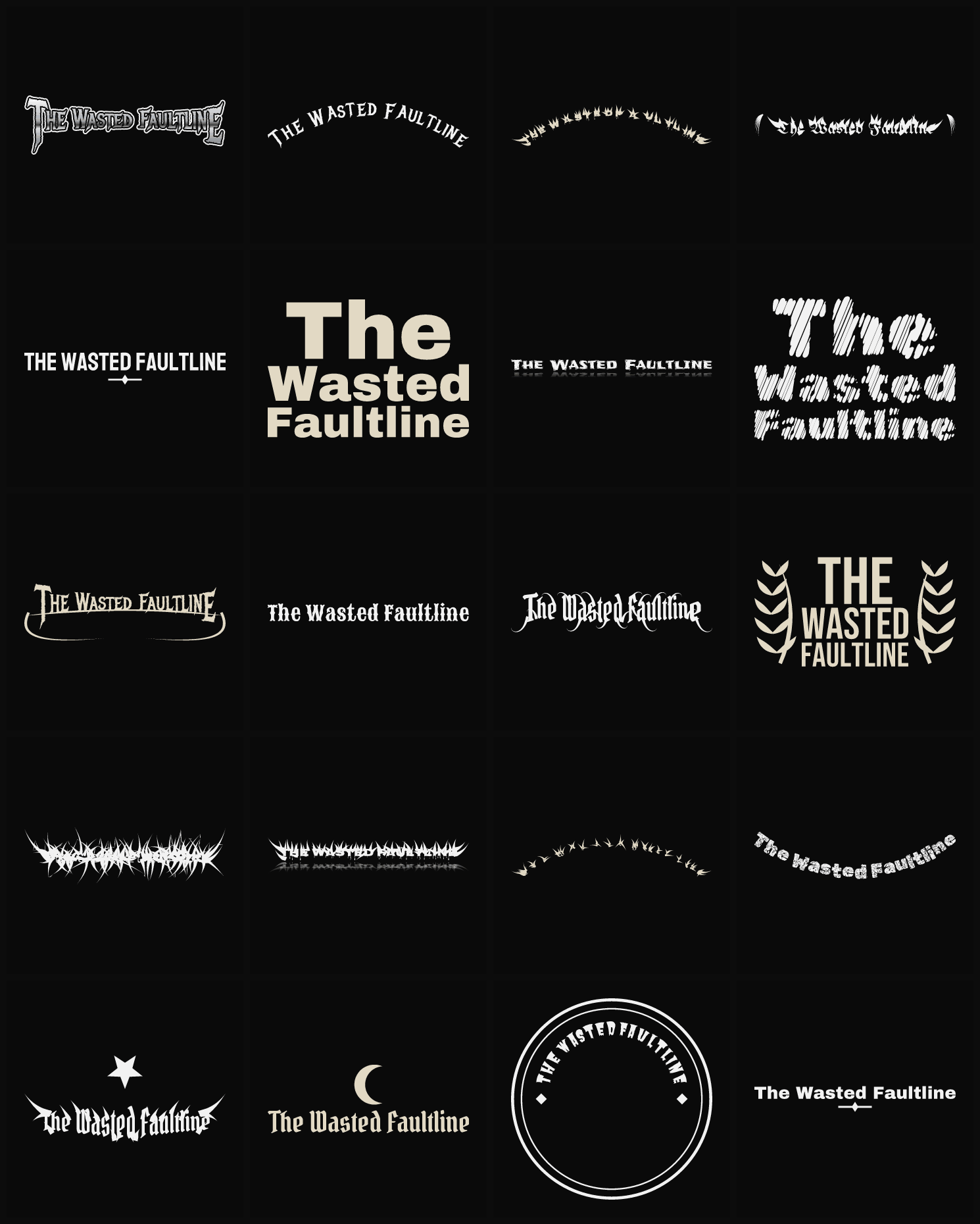 Twenty The Wasted Faultline band logo ideas — different faces, treatments and spike settings