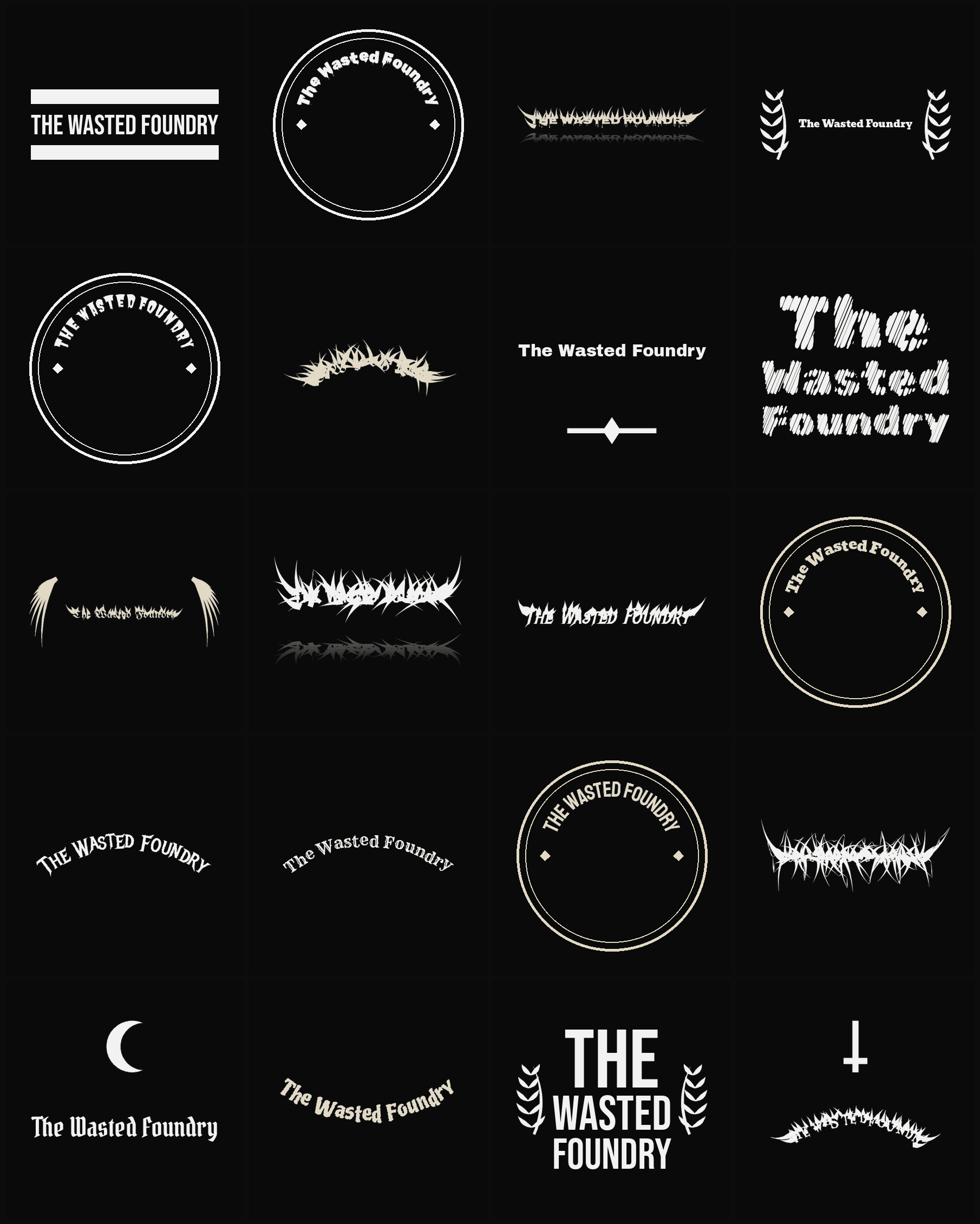 Twenty The Wasted Foundry band logo ideas — different faces, treatments and spike settings