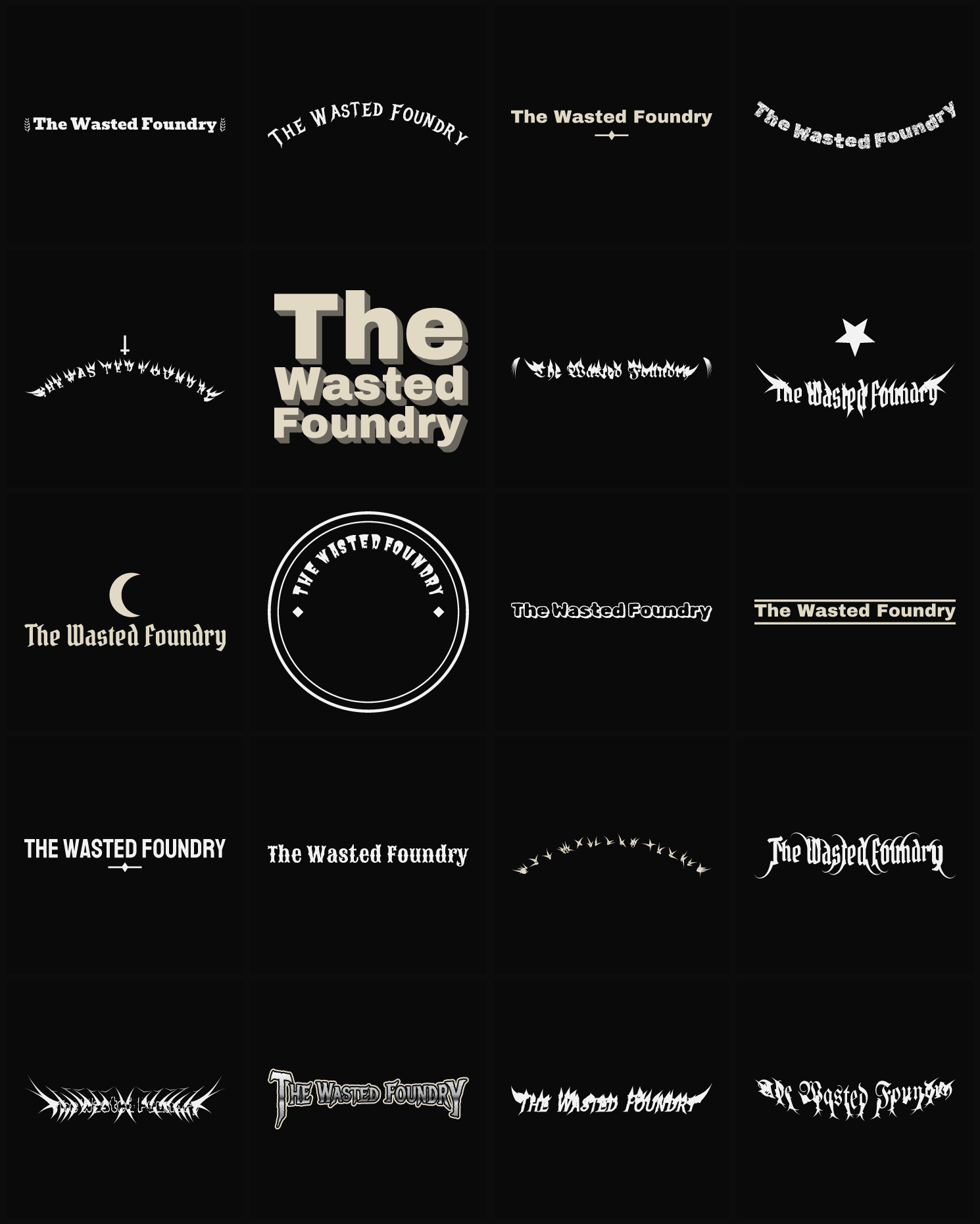 Twenty The Wasted Foundry band logo ideas — different faces, treatments and spike settings