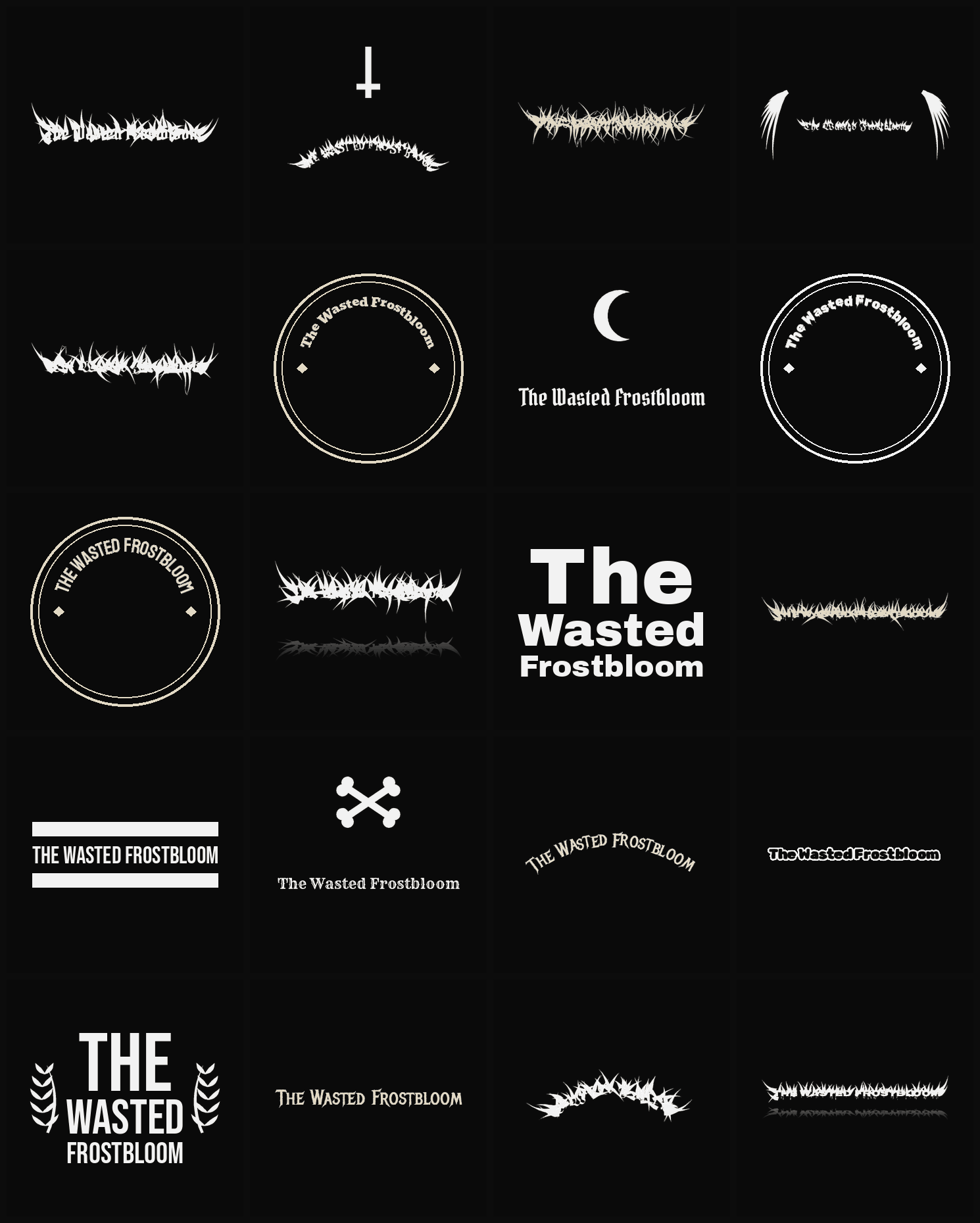 Twenty The Wasted Frostbloom band logo ideas — different faces, treatments and spike settings
