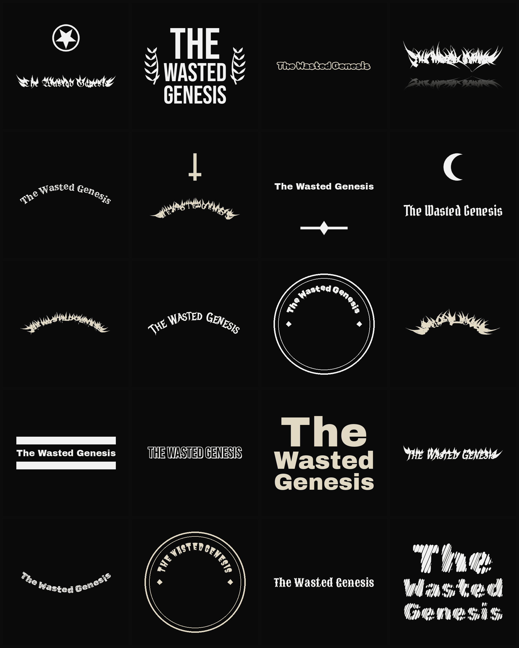 Twenty The Wasted Genesis band logo ideas — different faces, treatments and spike settings