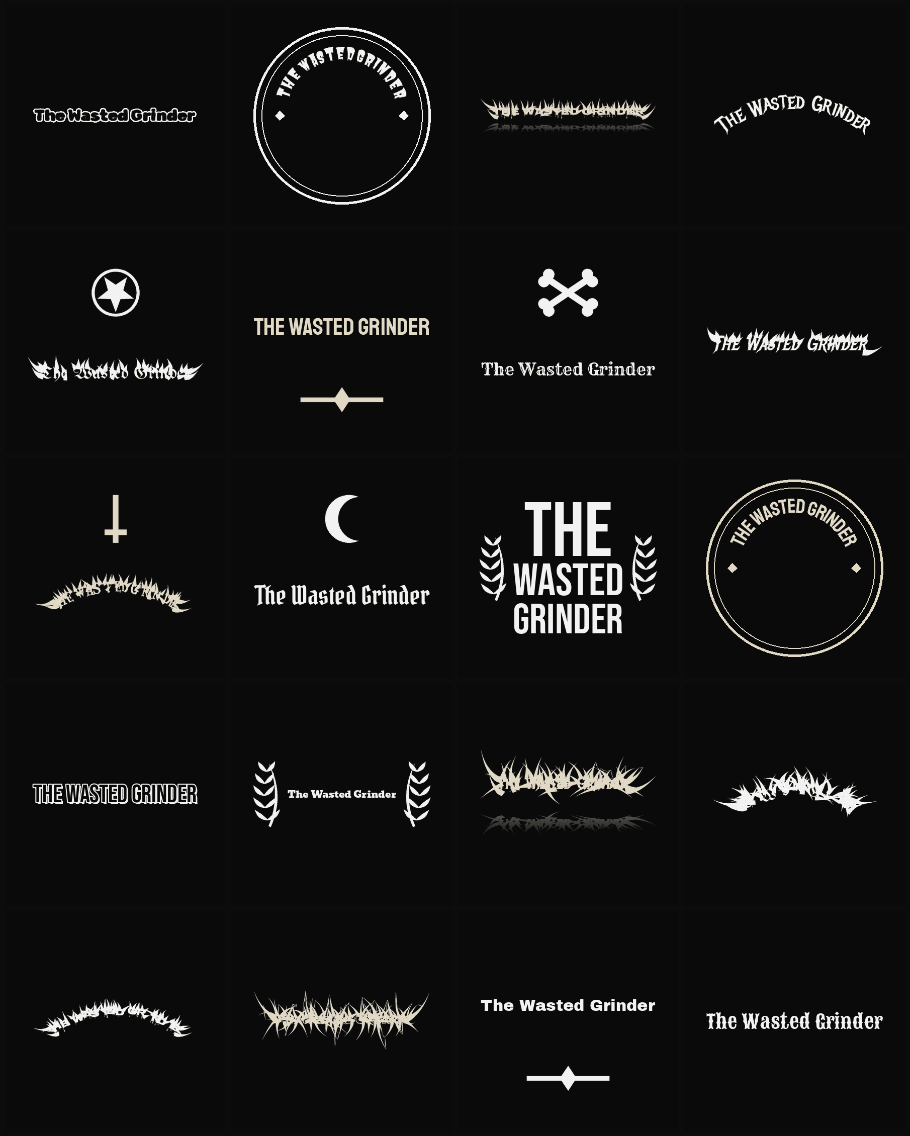 Twenty The Wasted Grinder band logo ideas — different faces, treatments and spike settings