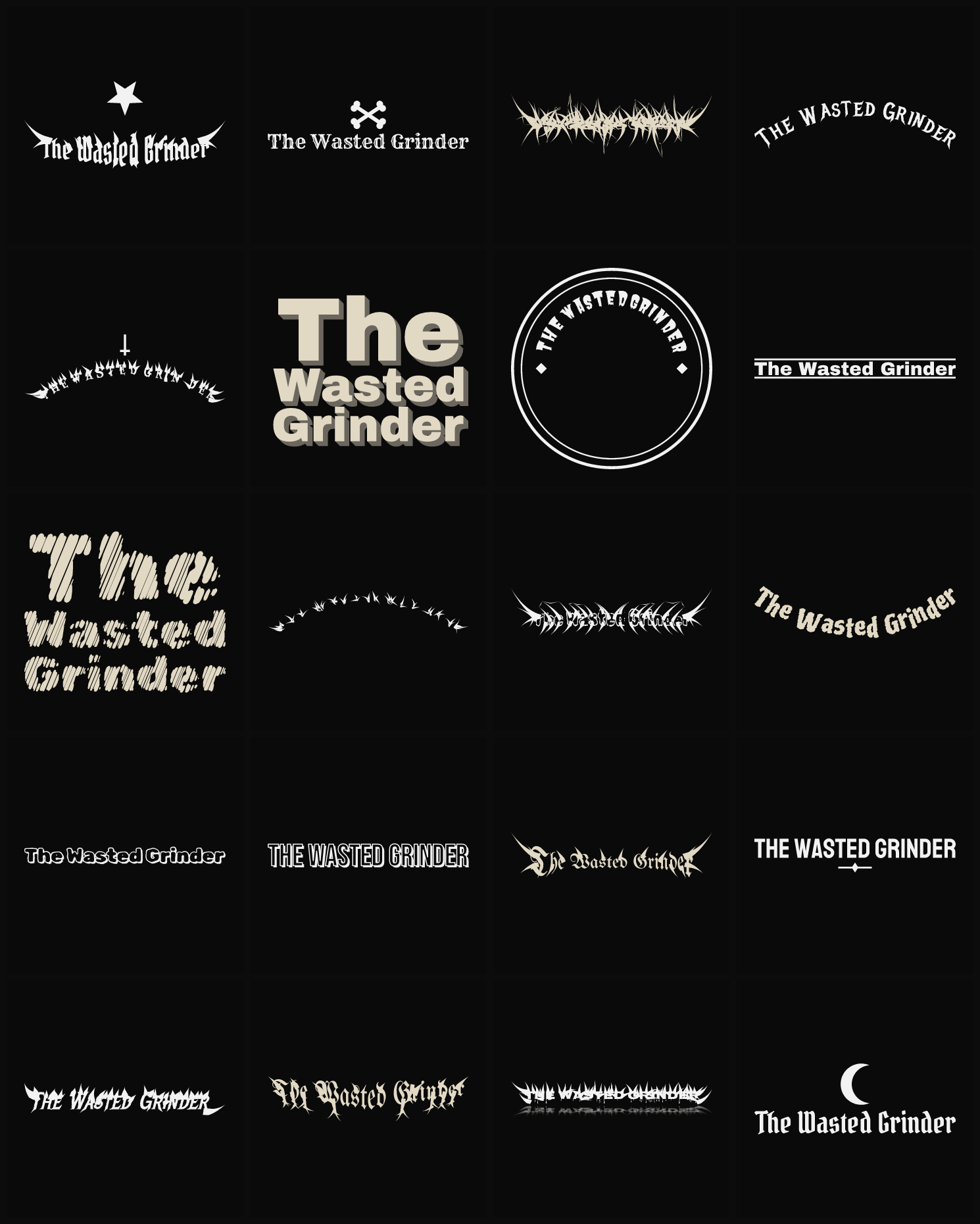 Twenty The Wasted Grinder band logo ideas — different faces, treatments and spike settings