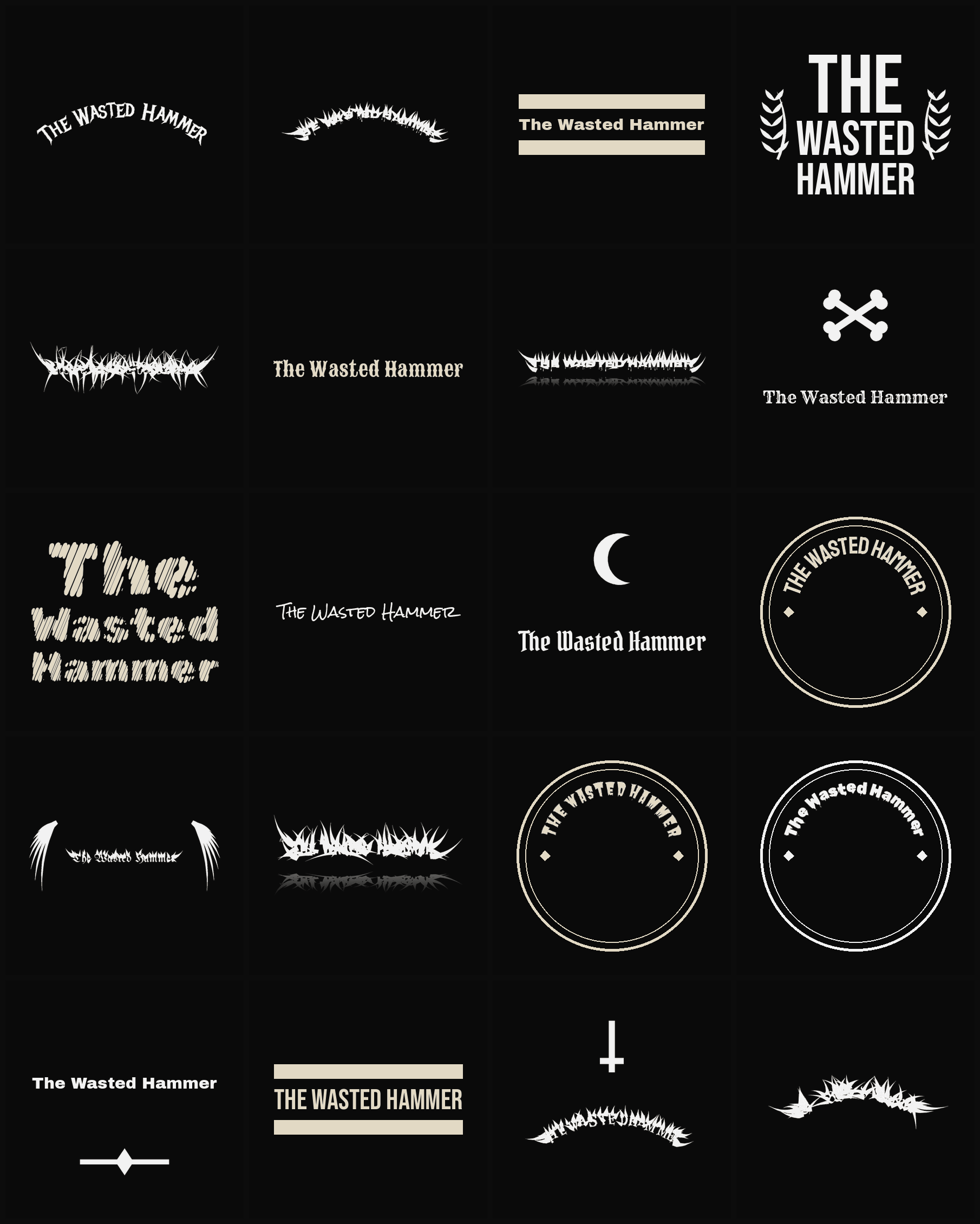 Twenty The Wasted Hammer band logo ideas — different faces, treatments and spike settings