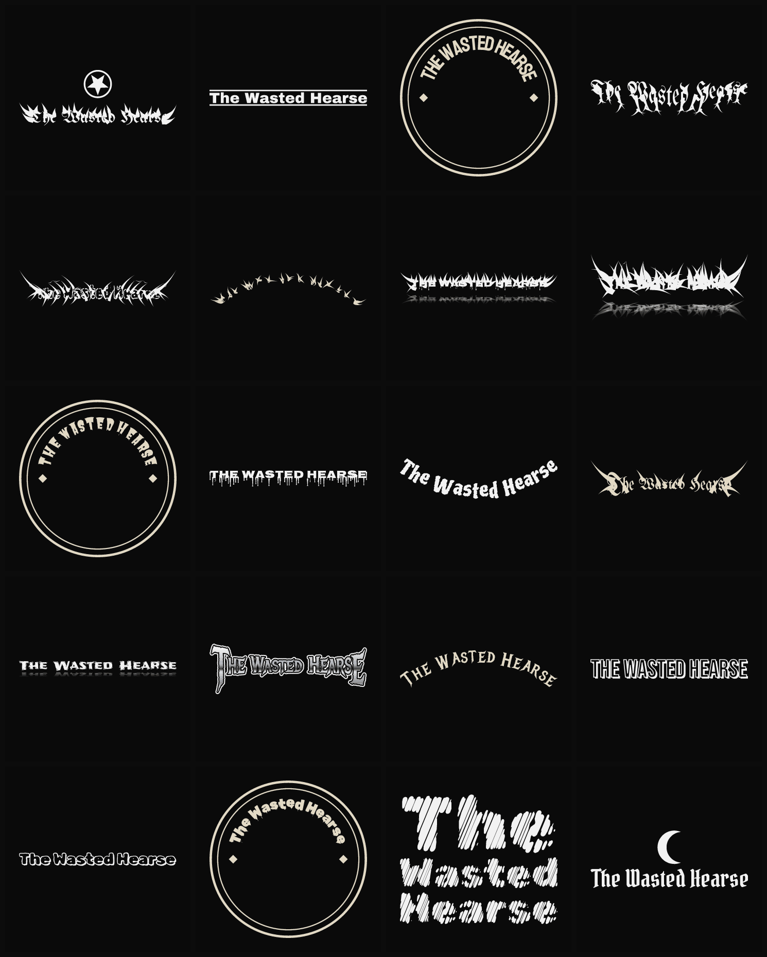 Twenty The Wasted Hearse band logo ideas — different faces, treatments and spike settings
