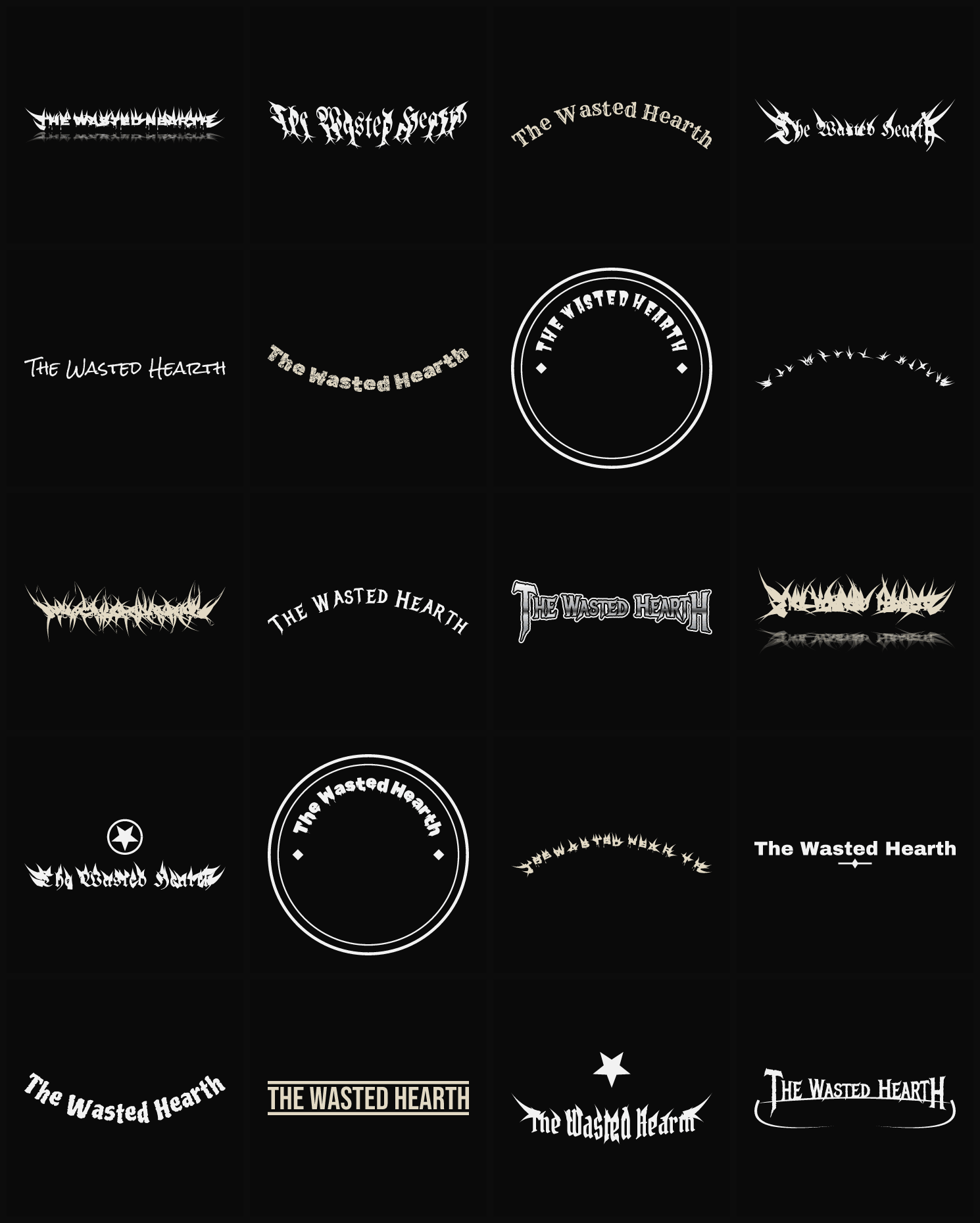 Twenty The Wasted Hearth band logo ideas — different faces, treatments and spike settings