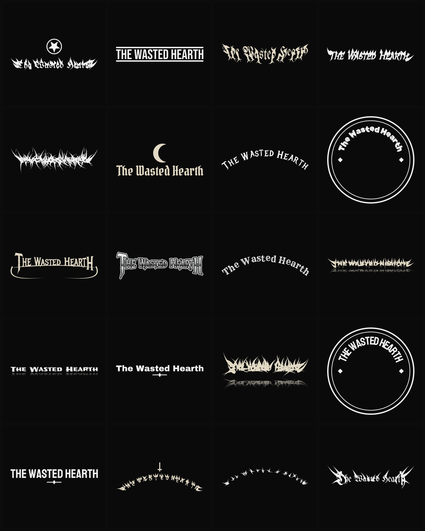 Twenty The Wasted Hearth band logo ideas — different faces, treatments and spike settings