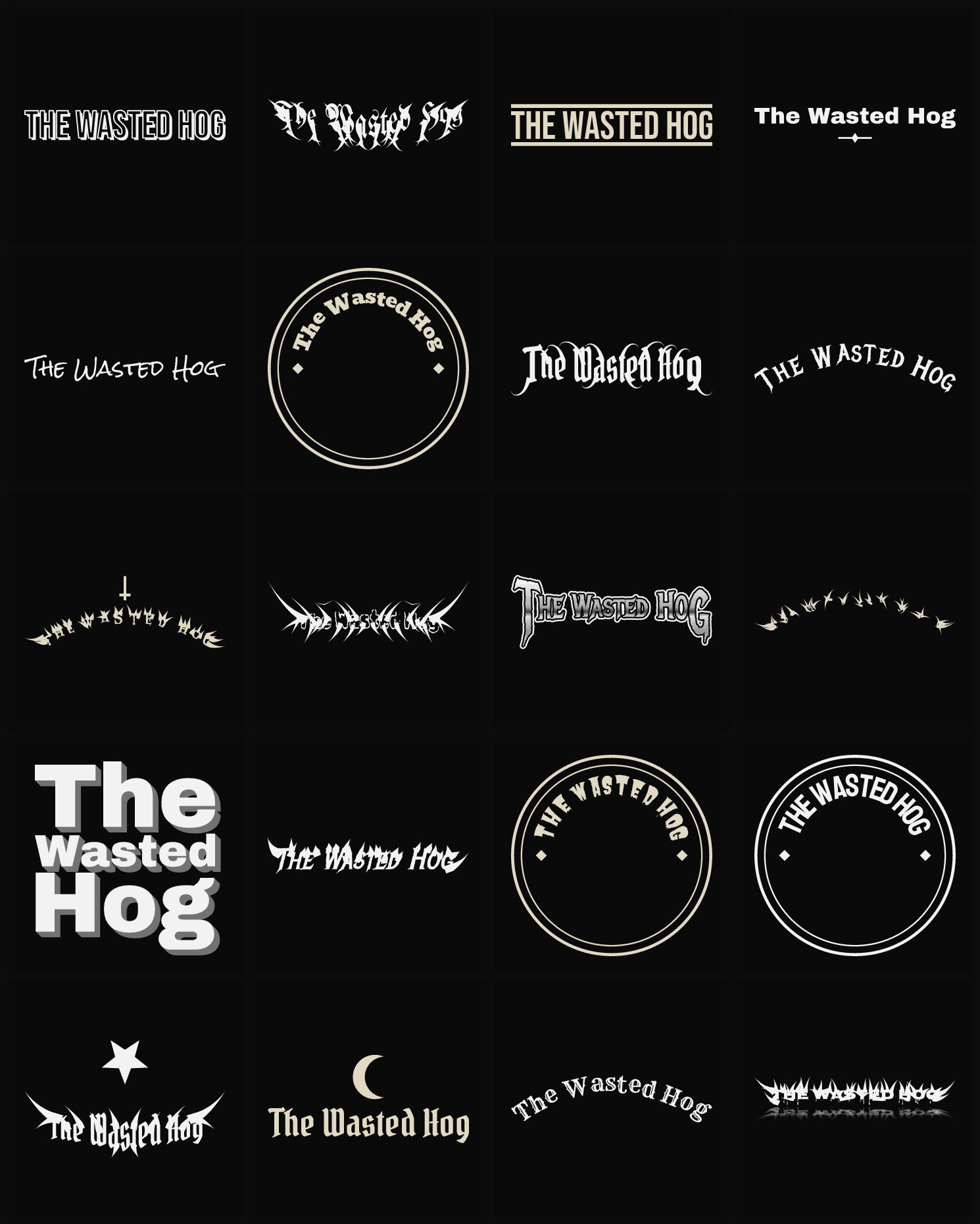Twenty The Wasted Hog band logo ideas — different faces, treatments and spike settings