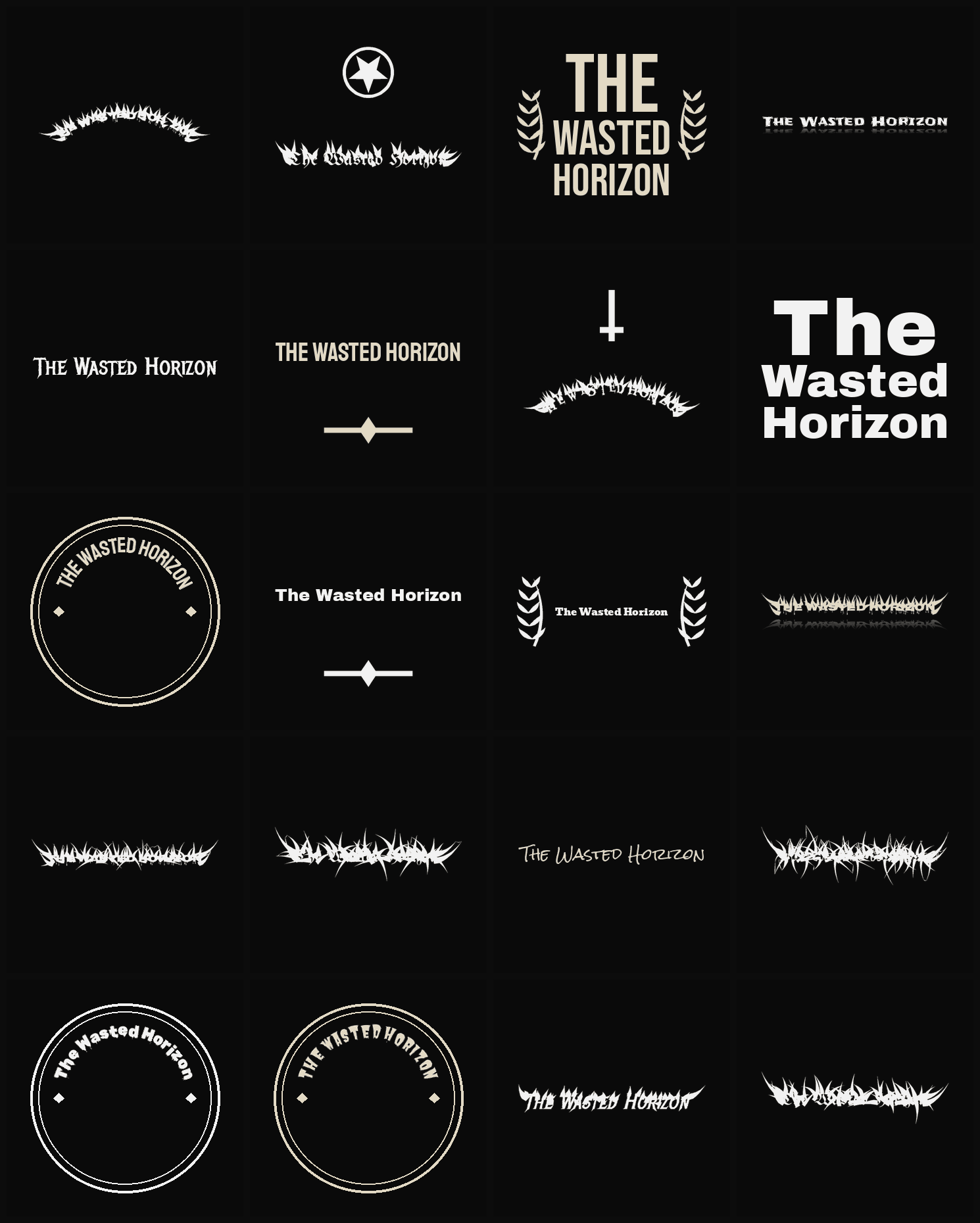 Twenty The Wasted Horizon band logo ideas — different faces, treatments and spike settings