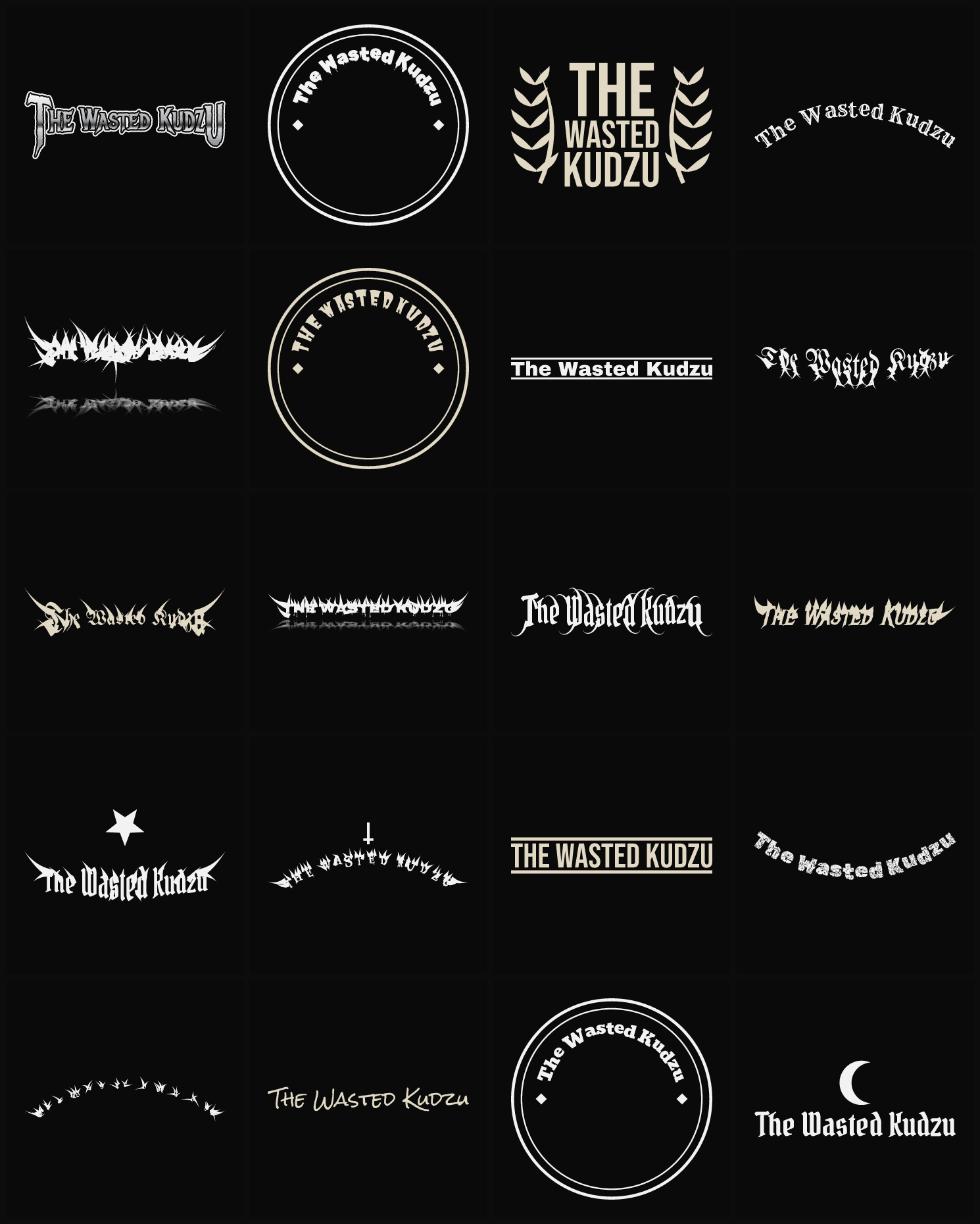 Twenty The Wasted Kudzu band logo ideas — different faces, treatments and spike settings