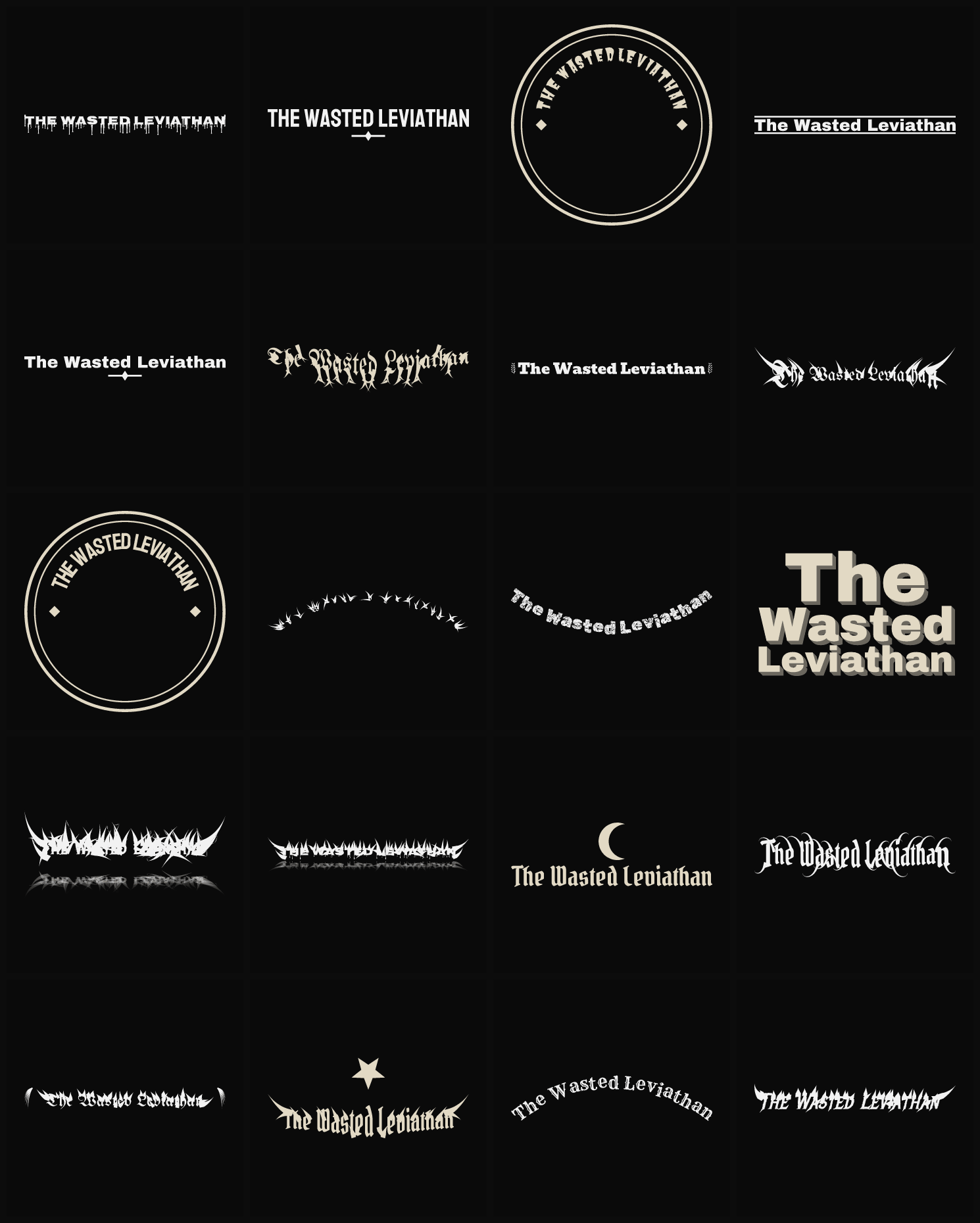 Twenty The Wasted Leviathan band logo ideas — different faces, treatments and spike settings