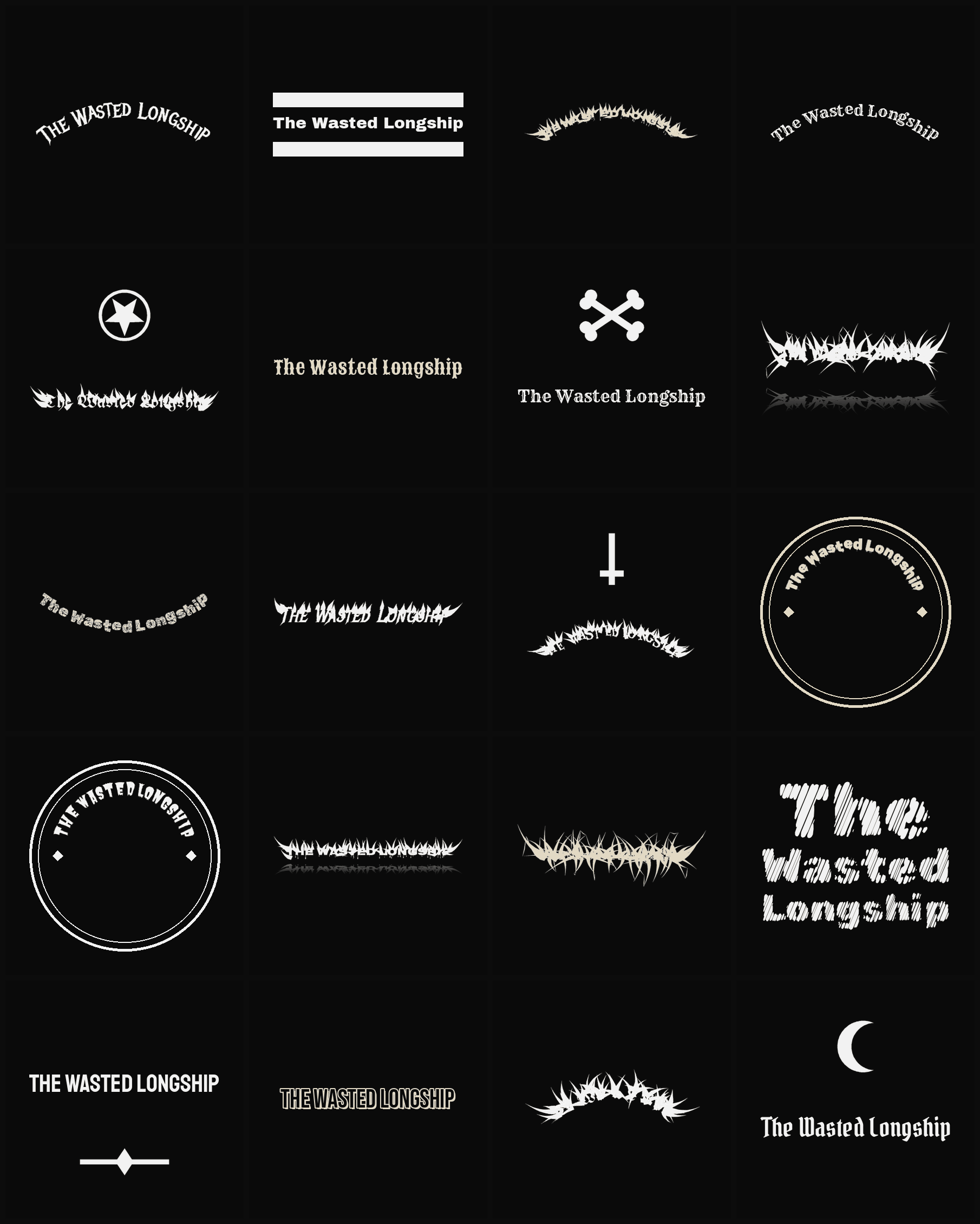 Twenty The Wasted Longship band logo ideas — different faces, treatments and spike settings