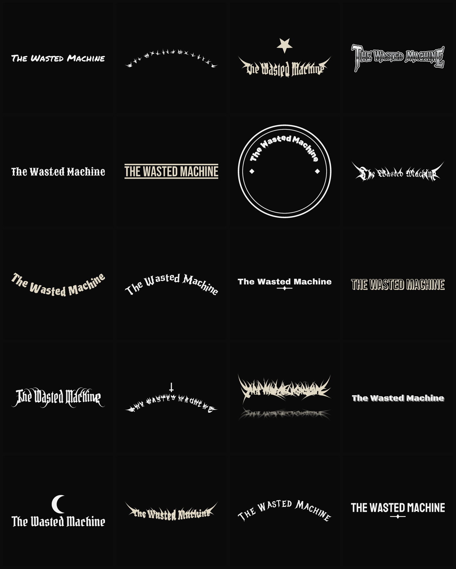 Twenty The Wasted Machine band logo ideas — different faces, treatments and spike settings