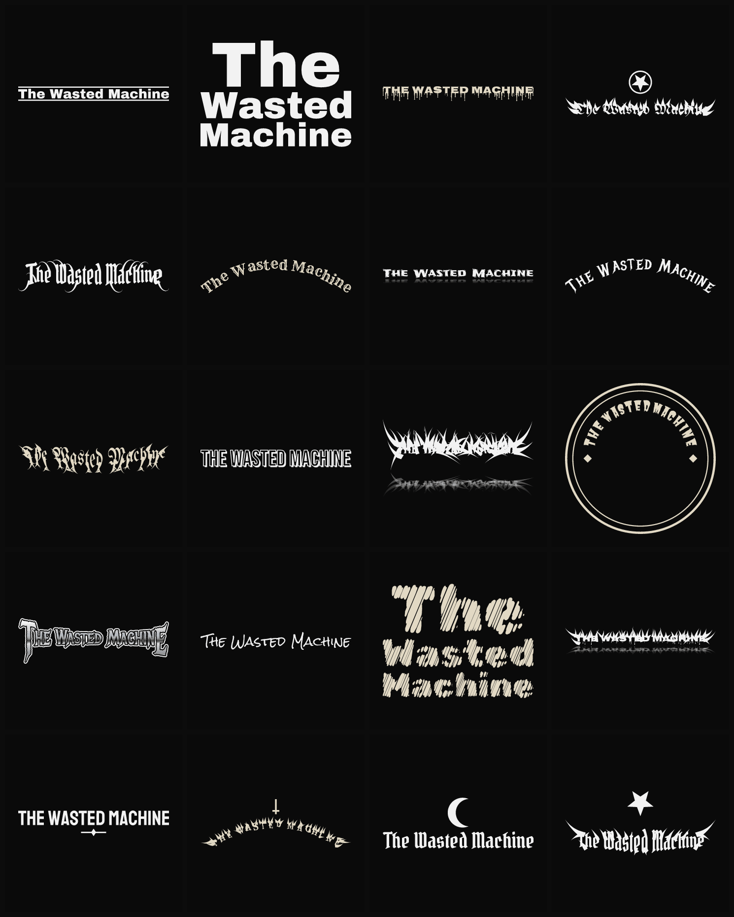 Twenty The Wasted Machine band logo ideas — different faces, treatments and spike settings