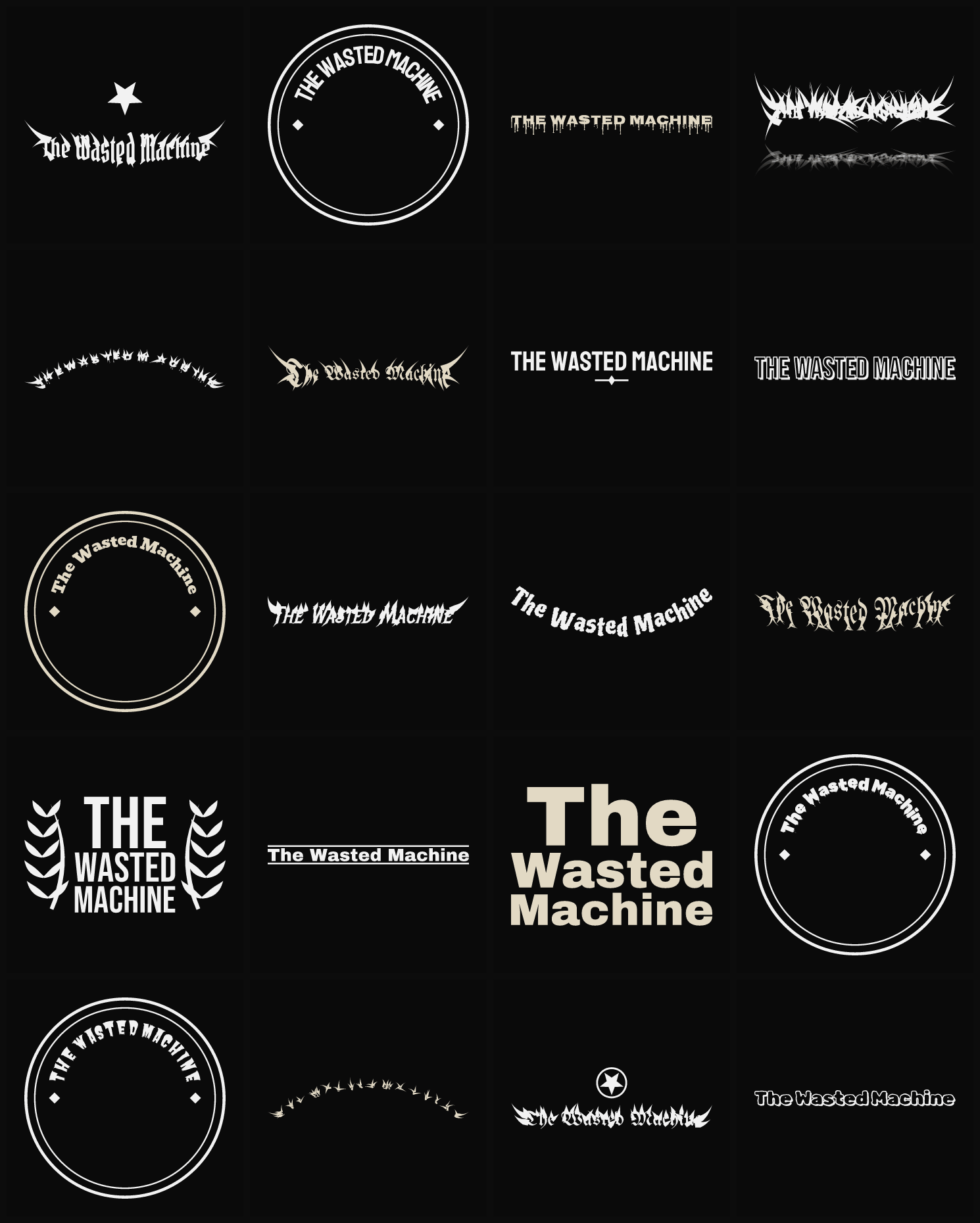 Twenty The Wasted Machine band logo ideas — different faces, treatments and spike settings
