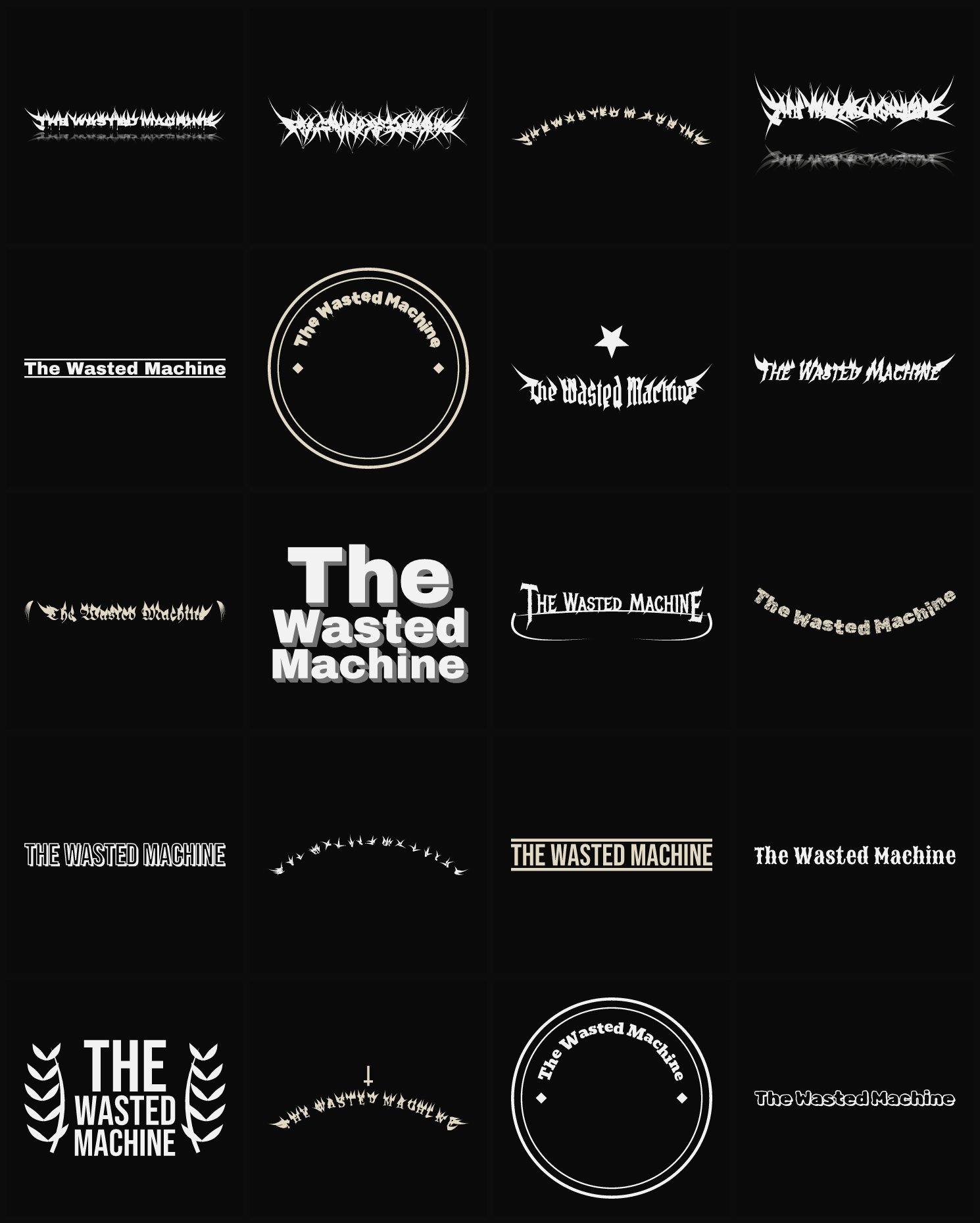 Twenty The Wasted Machine band logo ideas — different faces, treatments and spike settings