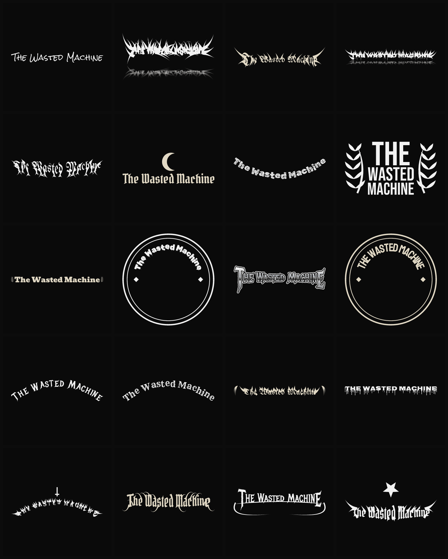 Twenty The Wasted Machine band logo ideas — different faces, treatments and spike settings