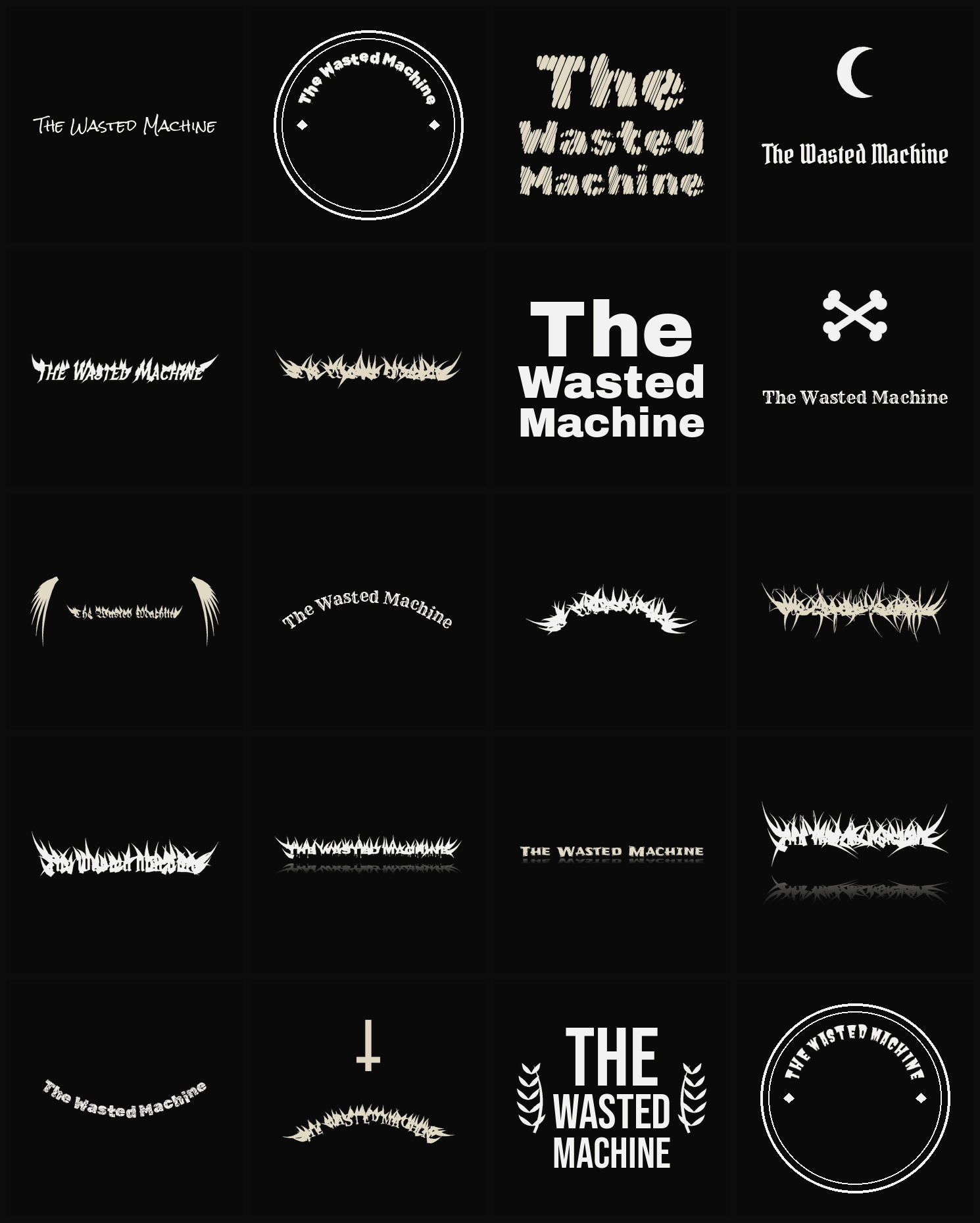 Twenty The Wasted Machine band logo ideas — different faces, treatments and spike settings