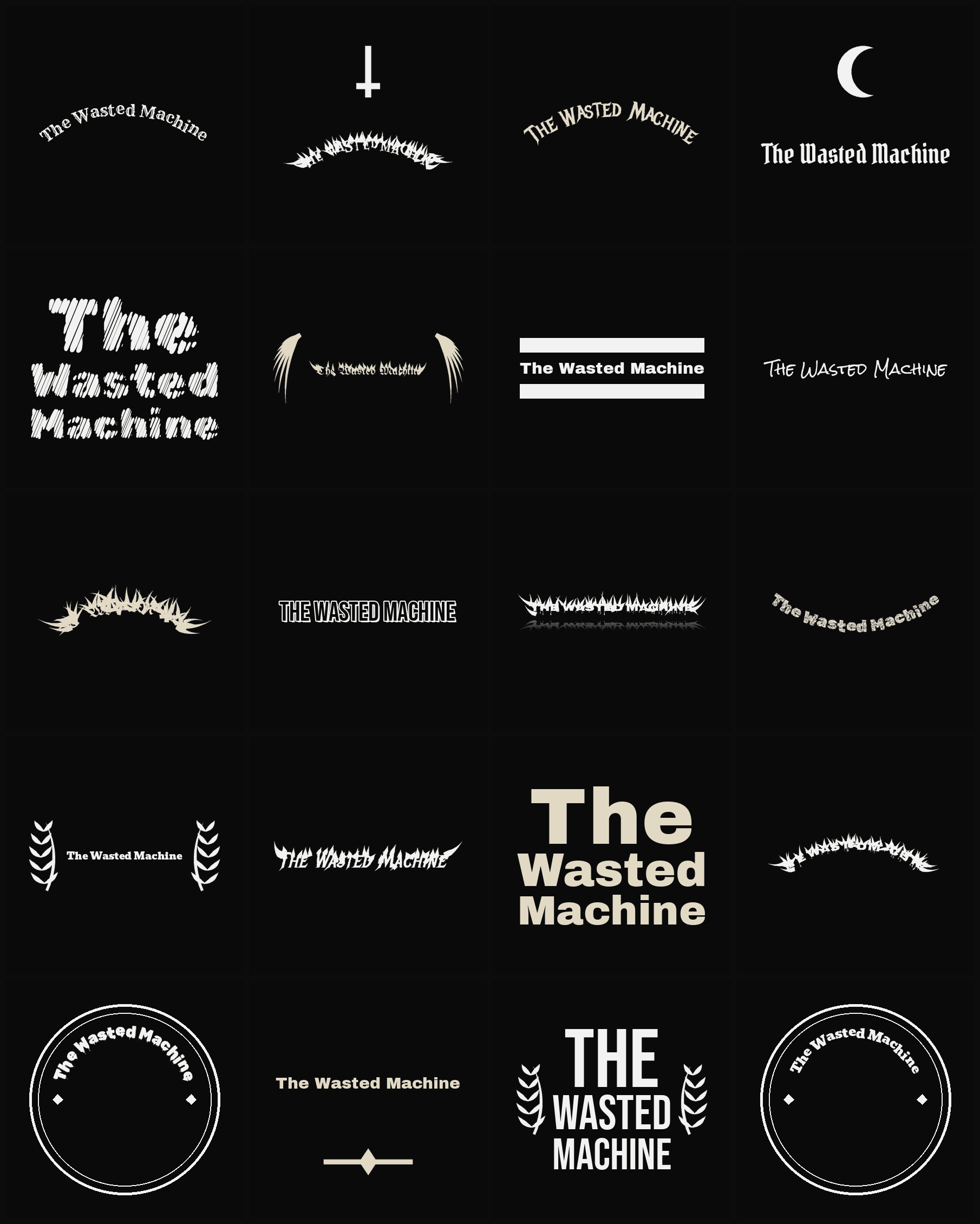 Twenty The Wasted Machine band logo ideas — different faces, treatments and spike settings