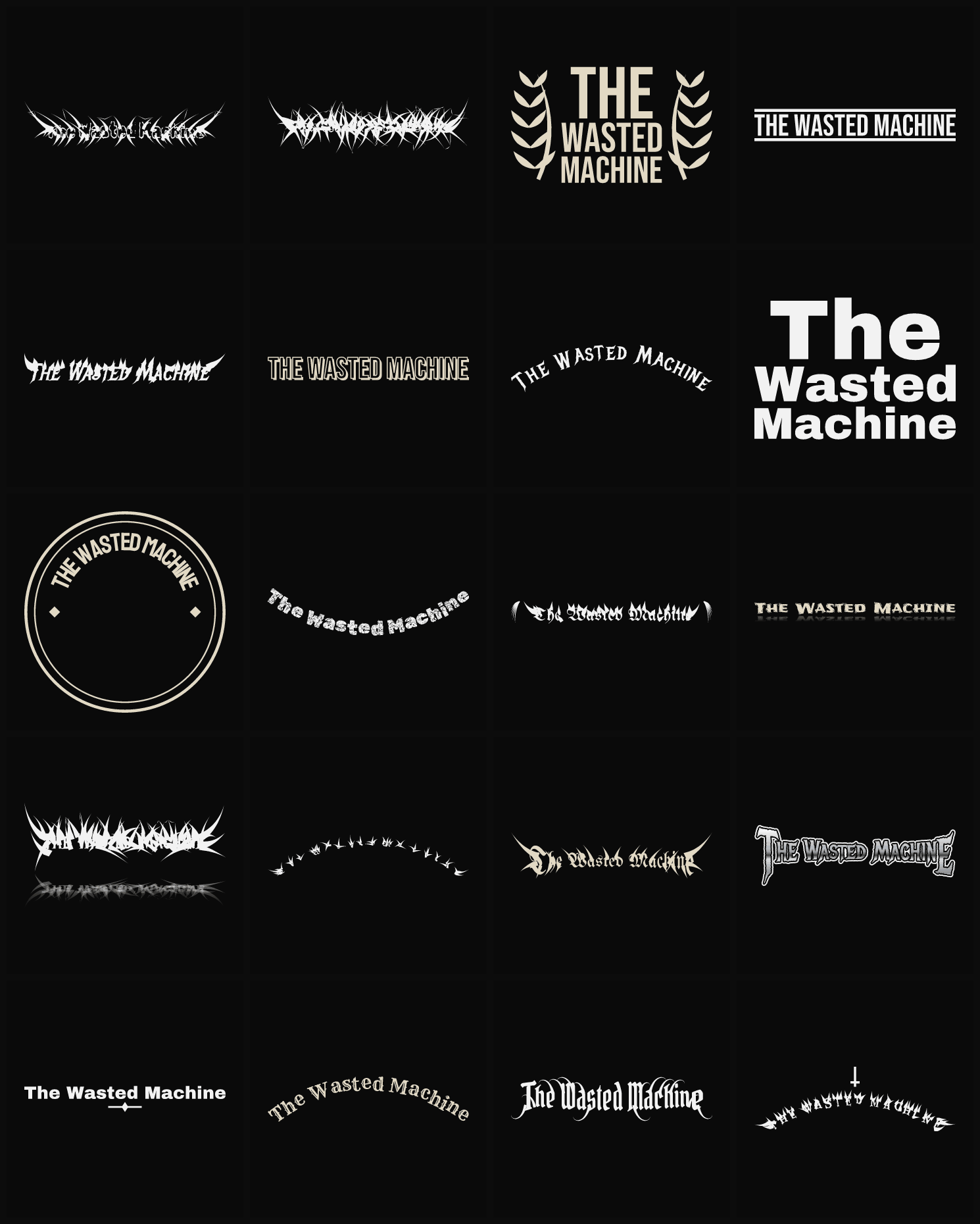 Twenty The Wasted Machine band logo ideas — different faces, treatments and spike settings