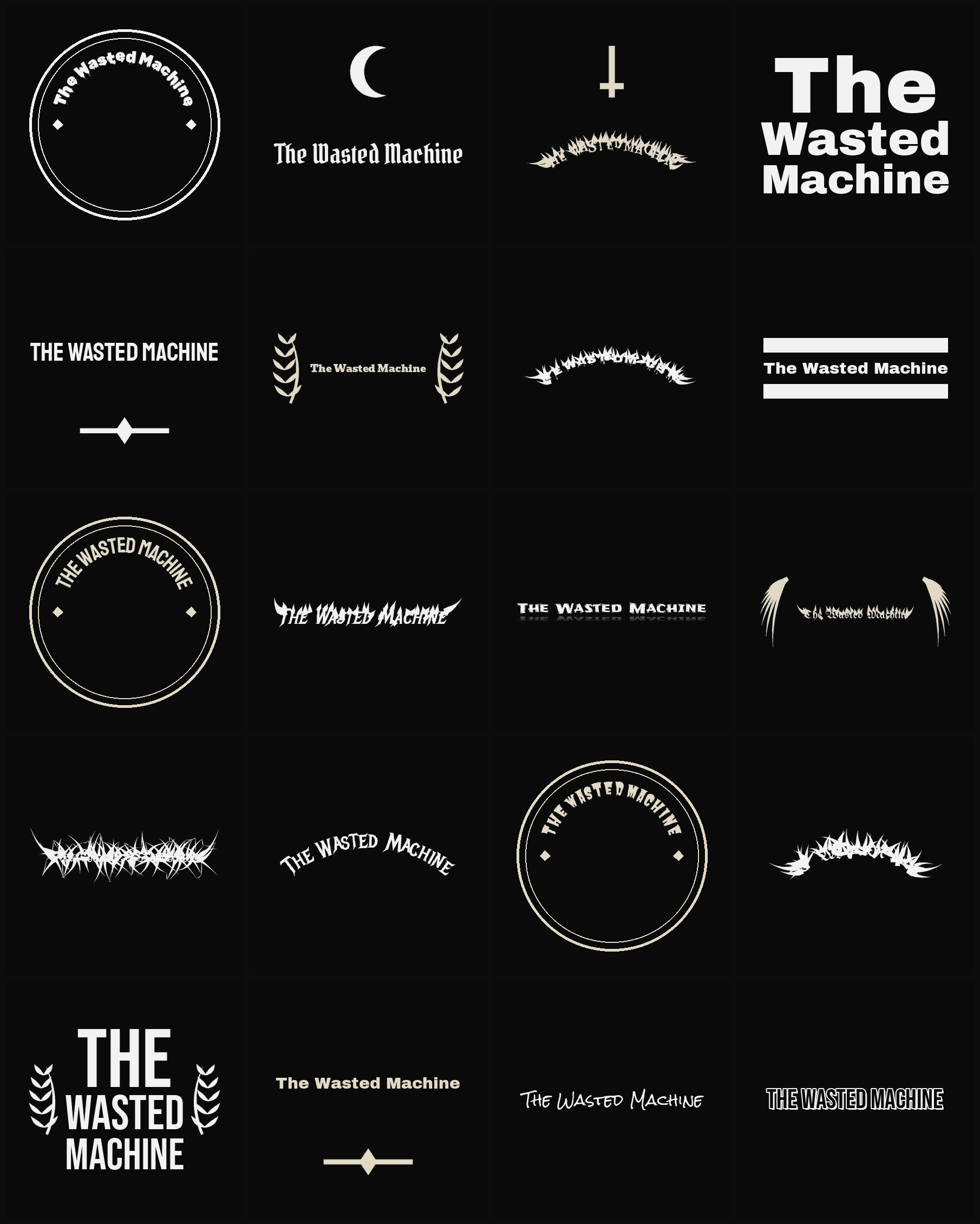 Twenty The Wasted Machine band logo ideas — different faces, treatments and spike settings