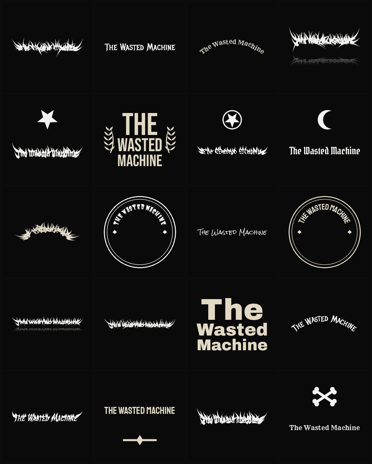 Twenty The Wasted Machine band logo ideas — different faces, treatments and spike settings
