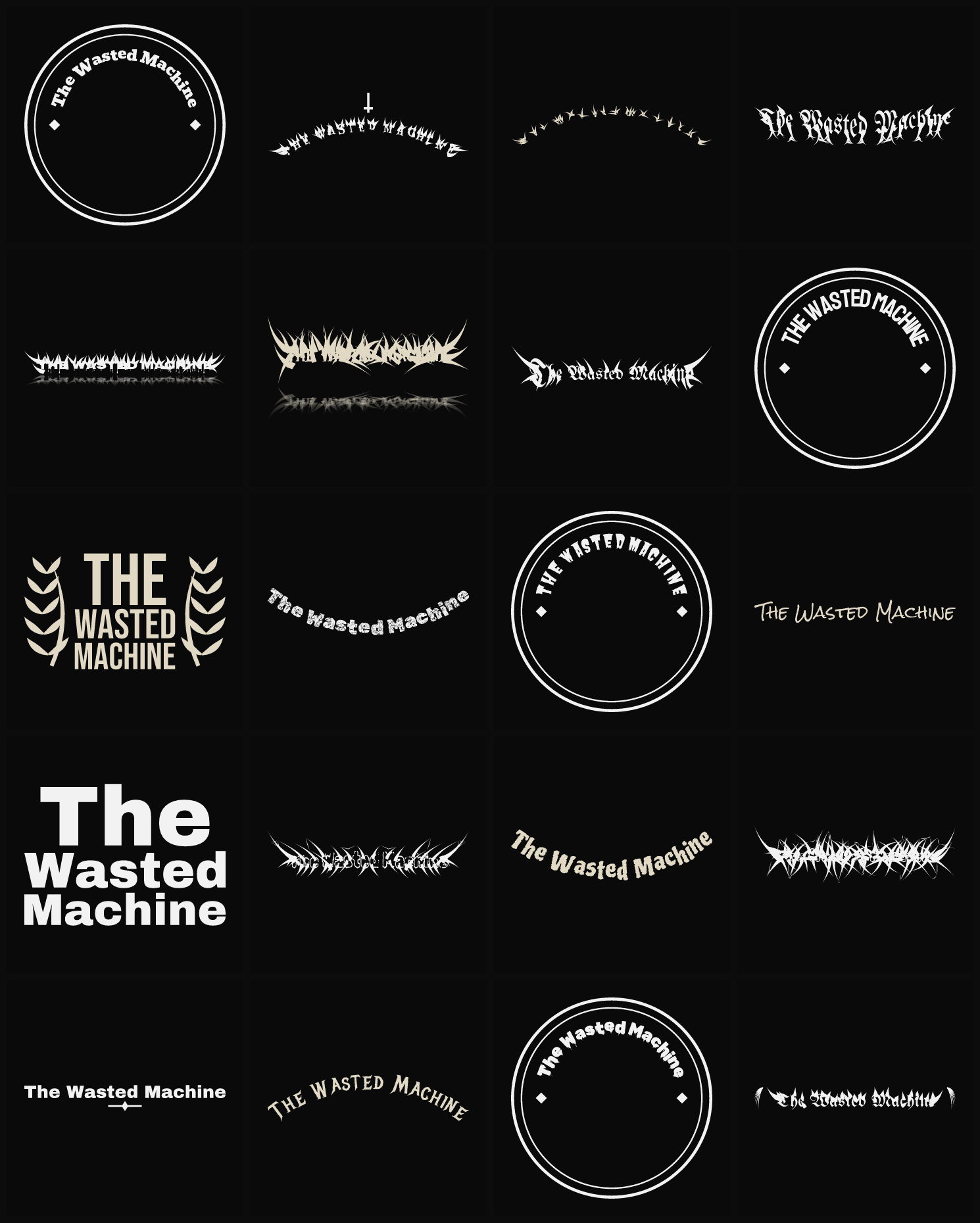 Twenty The Wasted Machine band logo ideas — different faces, treatments and spike settings