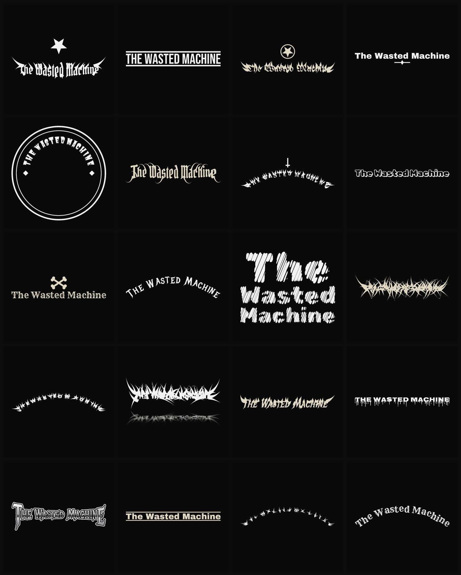 Twenty The Wasted Machine band logo ideas — different faces, treatments and spike settings