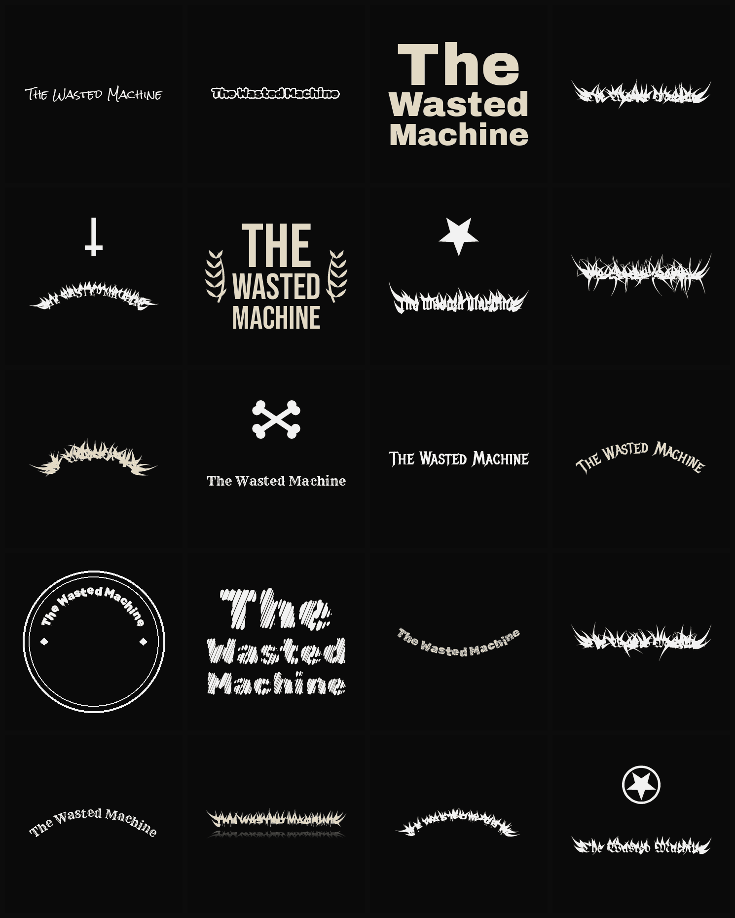 Twenty The Wasted Machine band logo ideas — different faces, treatments and spike settings