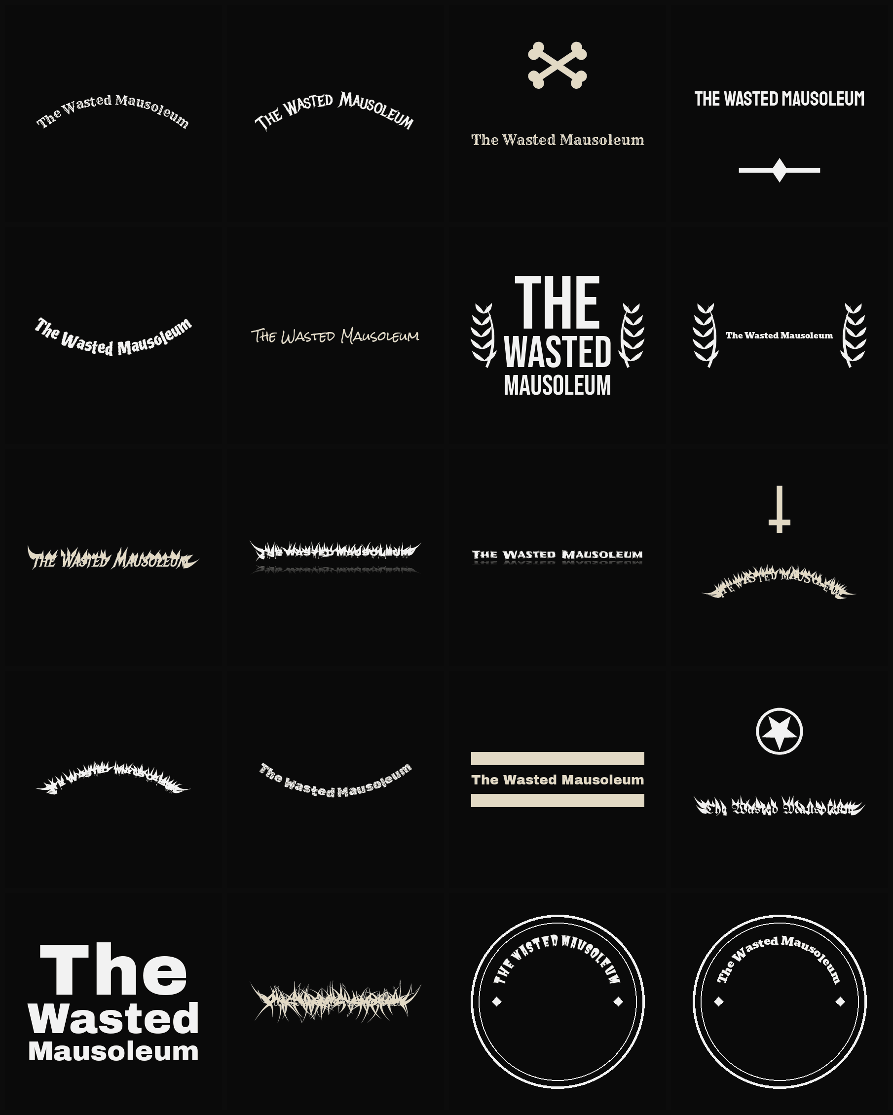 Twenty The Wasted Mausoleum band logo ideas — different faces, treatments and spike settings