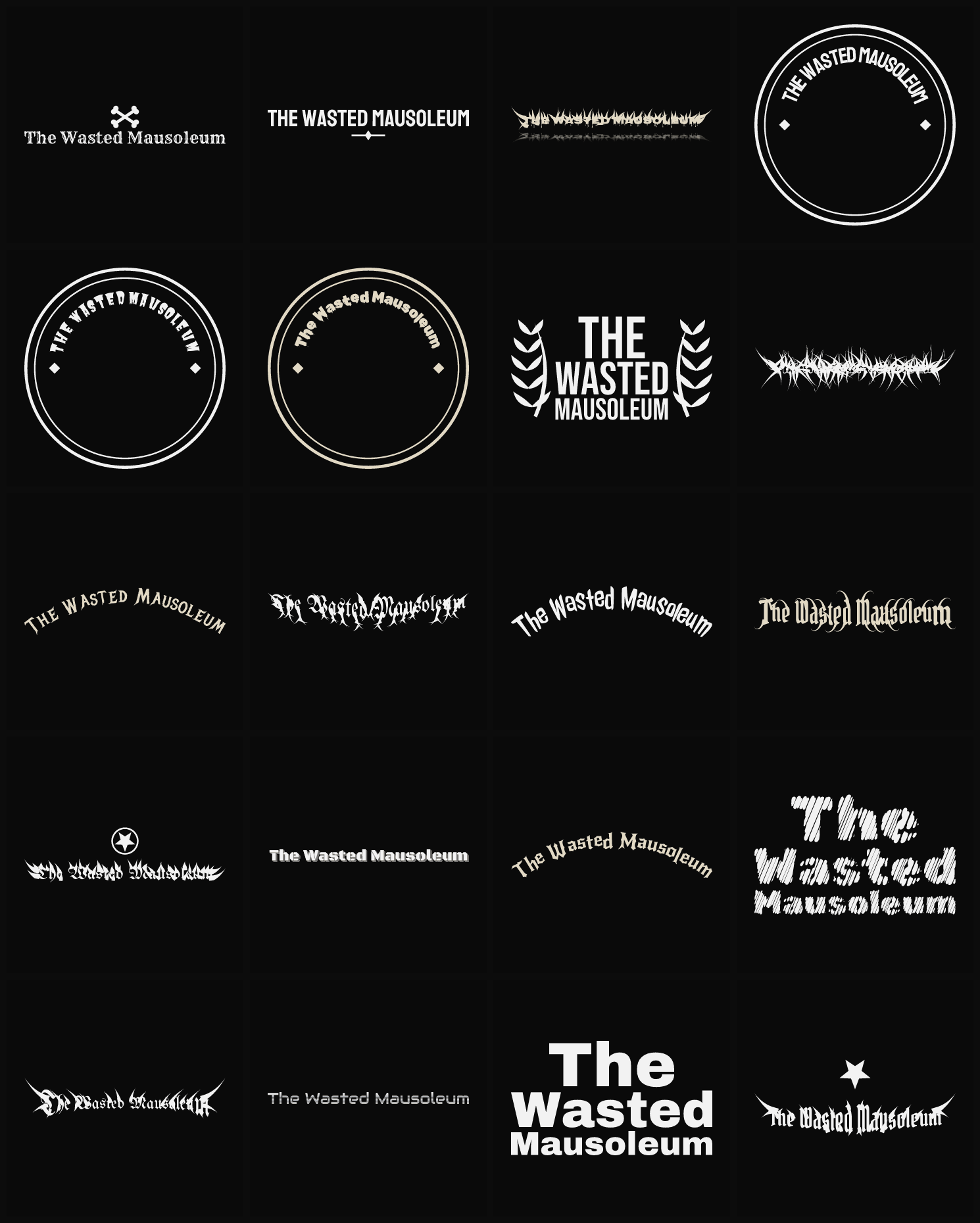 Twenty The Wasted Mausoleum band logo ideas — different faces, treatments and spike settings