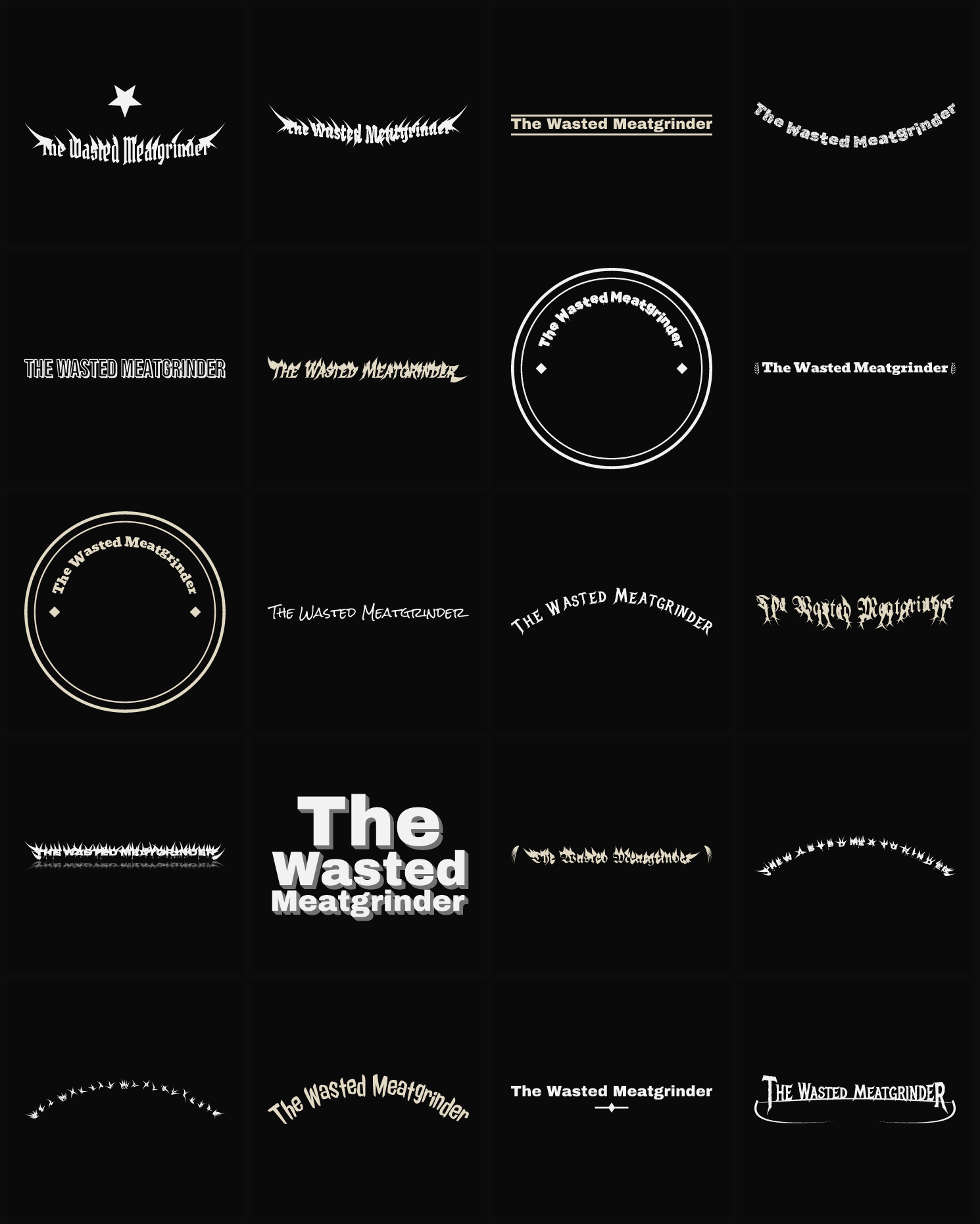 Twenty The Wasted Meatgrinder band logo ideas — different faces, treatments and spike settings