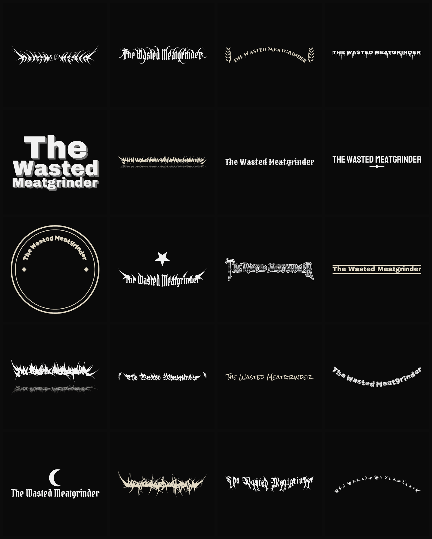 Twenty The Wasted Meatgrinder band logo ideas — different faces, treatments and spike settings