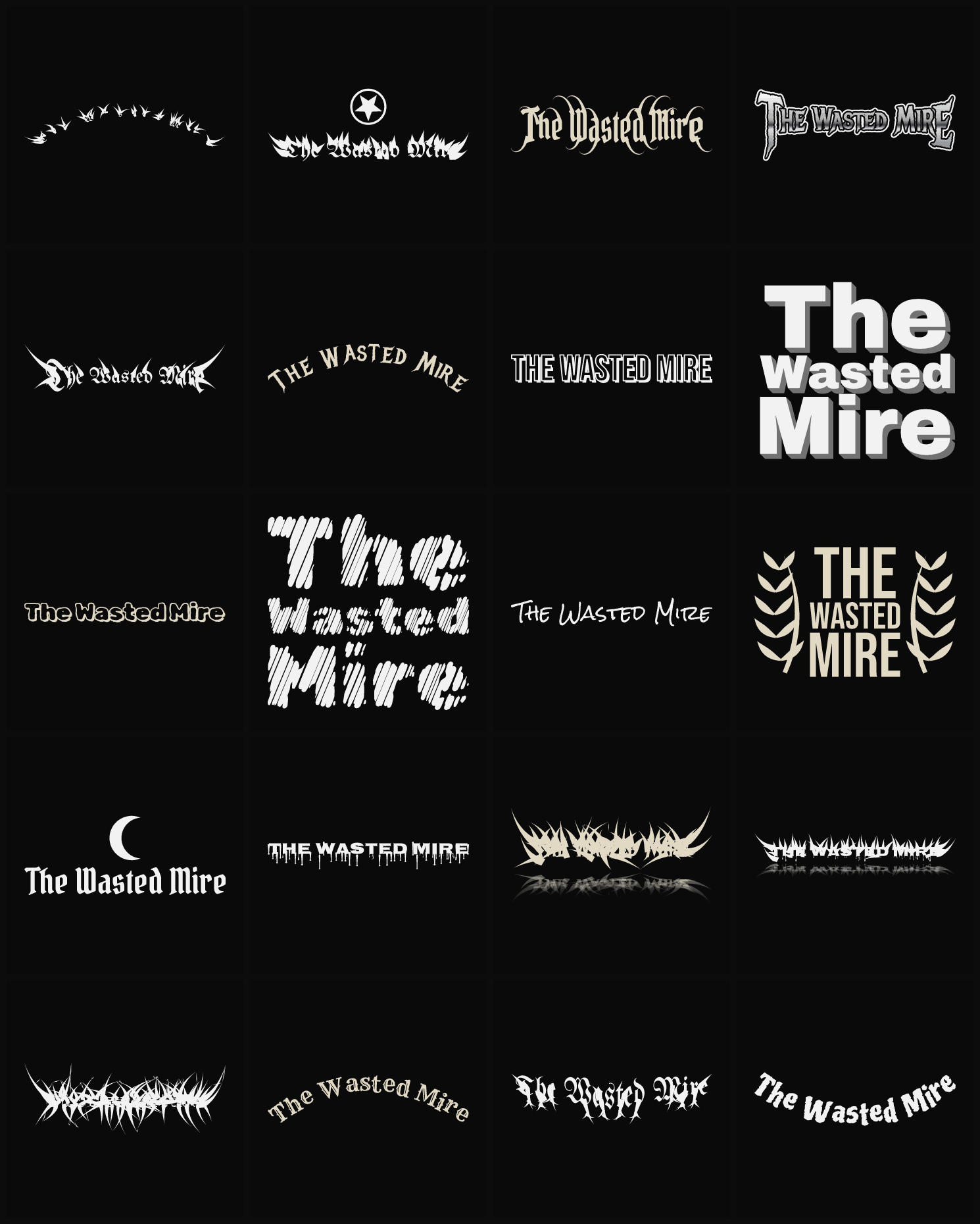 Twenty The Wasted Mire band logo ideas — different faces, treatments and spike settings