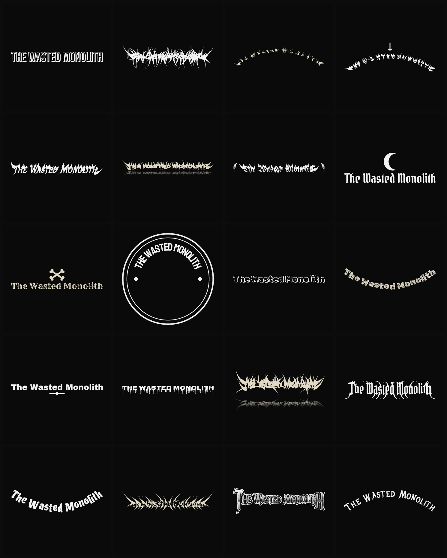Twenty The Wasted Monolith band logo ideas — different faces, treatments and spike settings