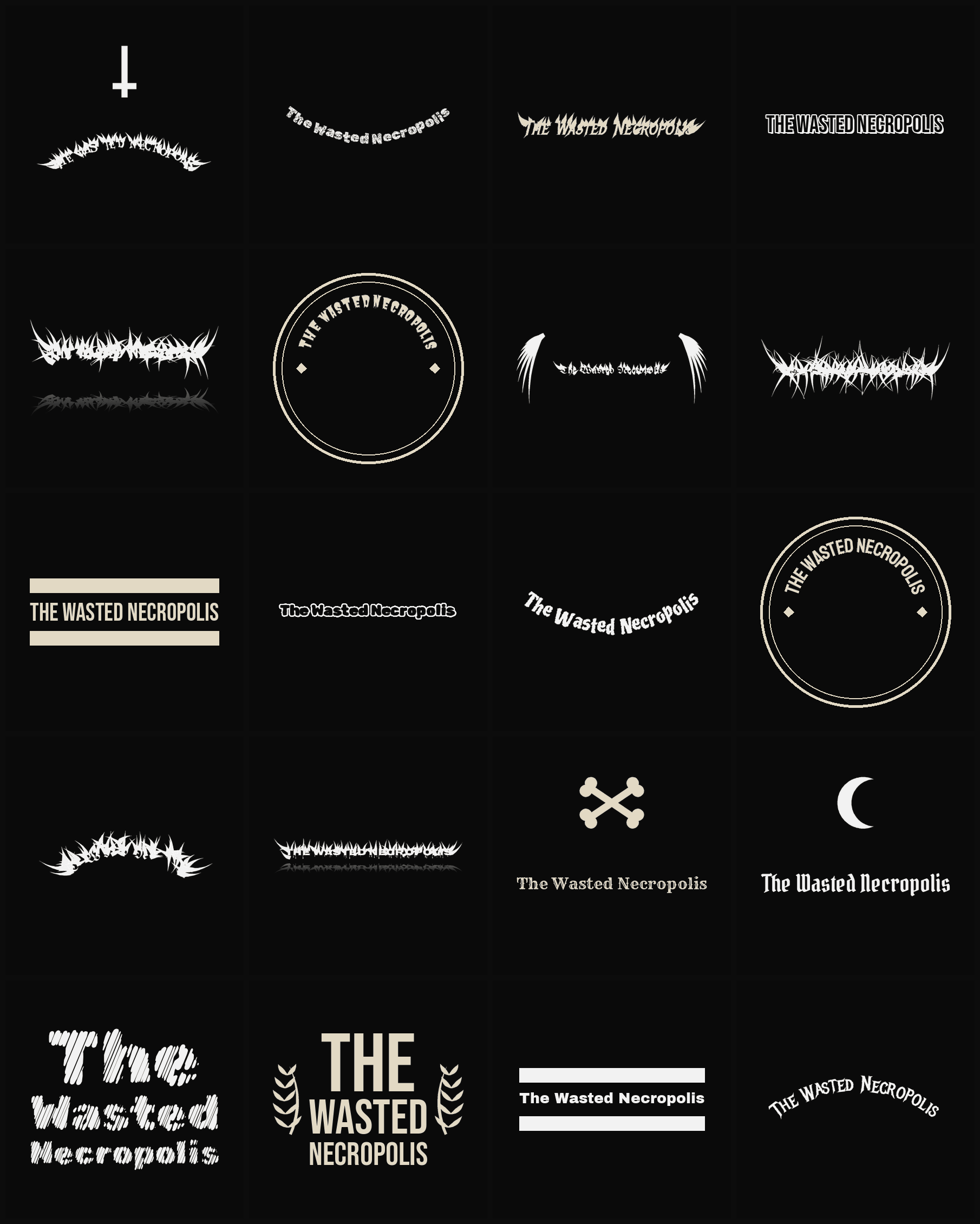 Twenty The Wasted Necropolis band logo ideas — different faces, treatments and spike settings