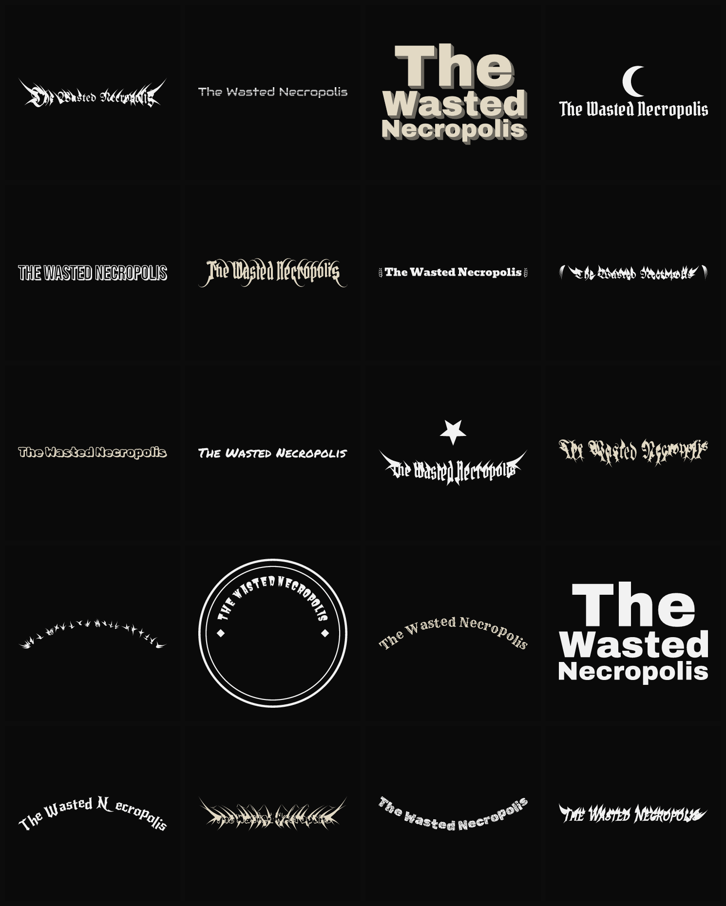 Twenty The Wasted Necropolis band logo ideas — different faces, treatments and spike settings