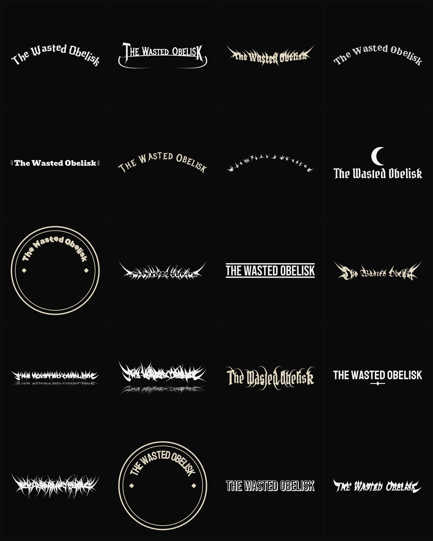 Twenty The Wasted Obelisk band logo ideas — different faces, treatments and spike settings