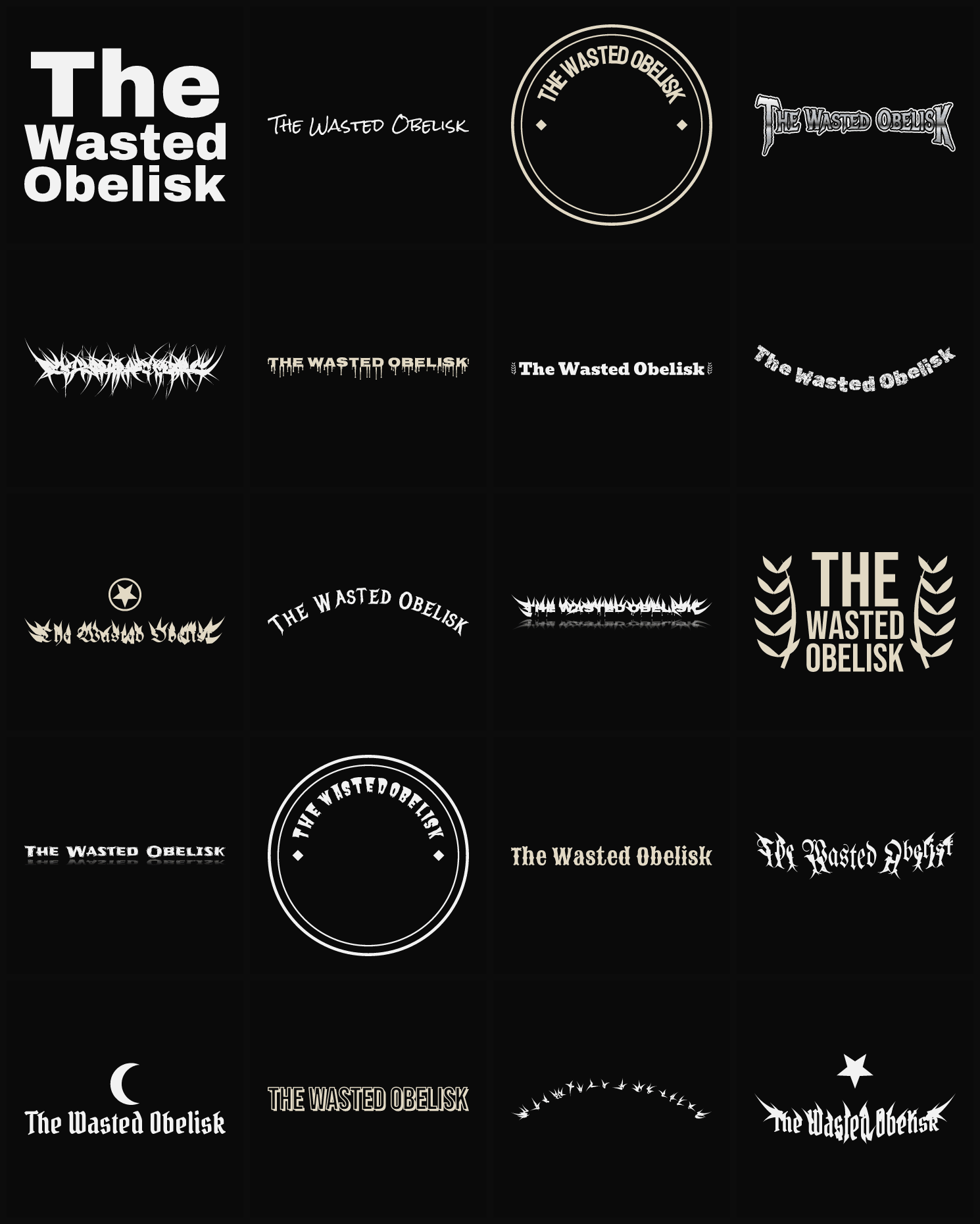 Twenty The Wasted Obelisk band logo ideas — different faces, treatments and spike settings
