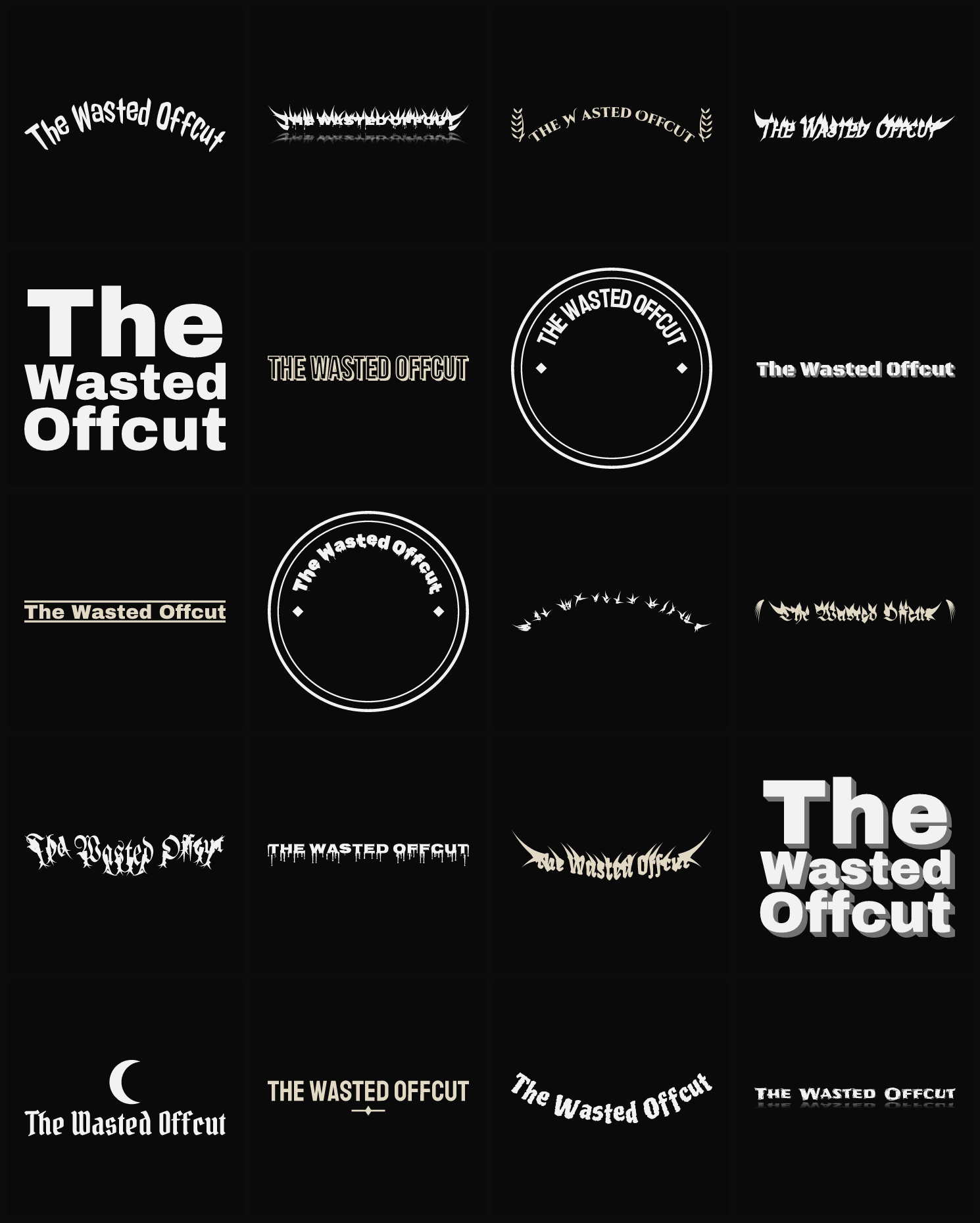 Twenty The Wasted Offcut band logo ideas — different faces, treatments and spike settings
