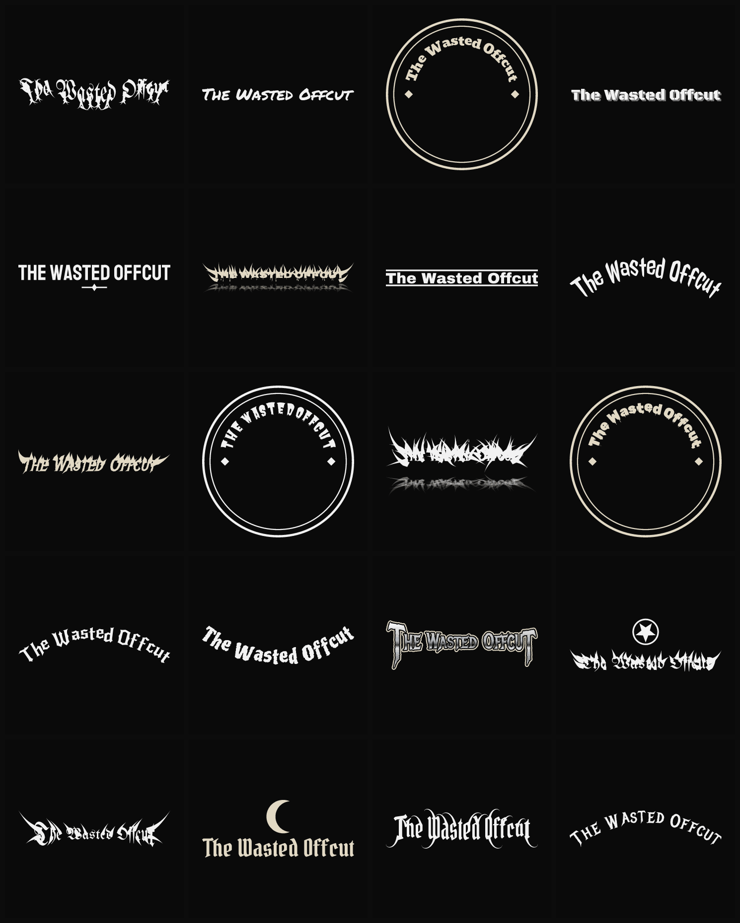 Twenty The Wasted Offcut band logo ideas — different faces, treatments and spike settings