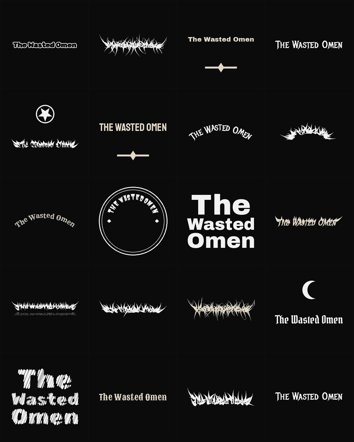 Twenty The Wasted Omen band logo ideas — different faces, treatments and spike settings